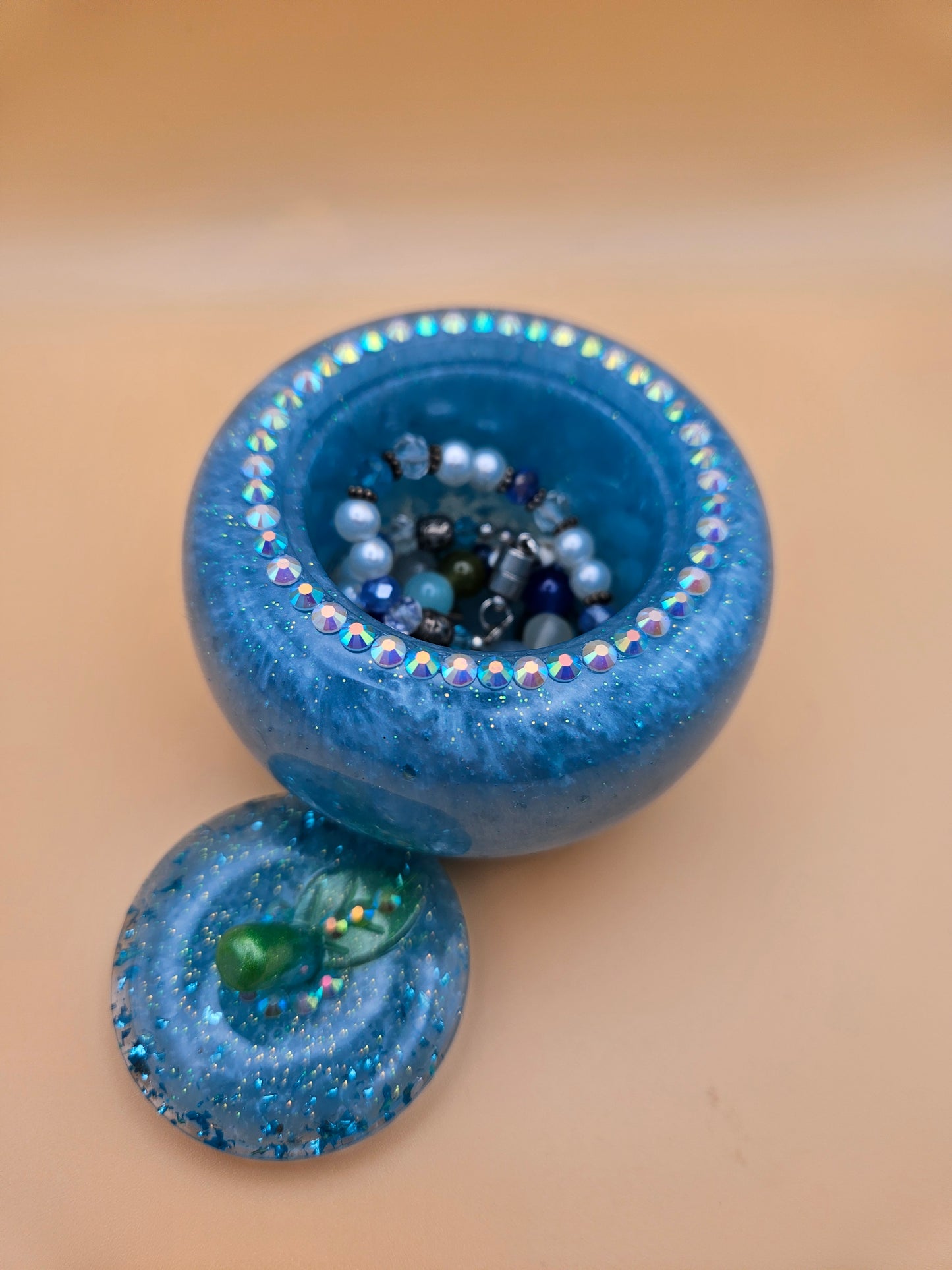 Blue Apple Trinket pot/Rhinestone jewellery dish or keepsake storage holder/handcrafted resin home or room decor/ accessory/ Birthday gift