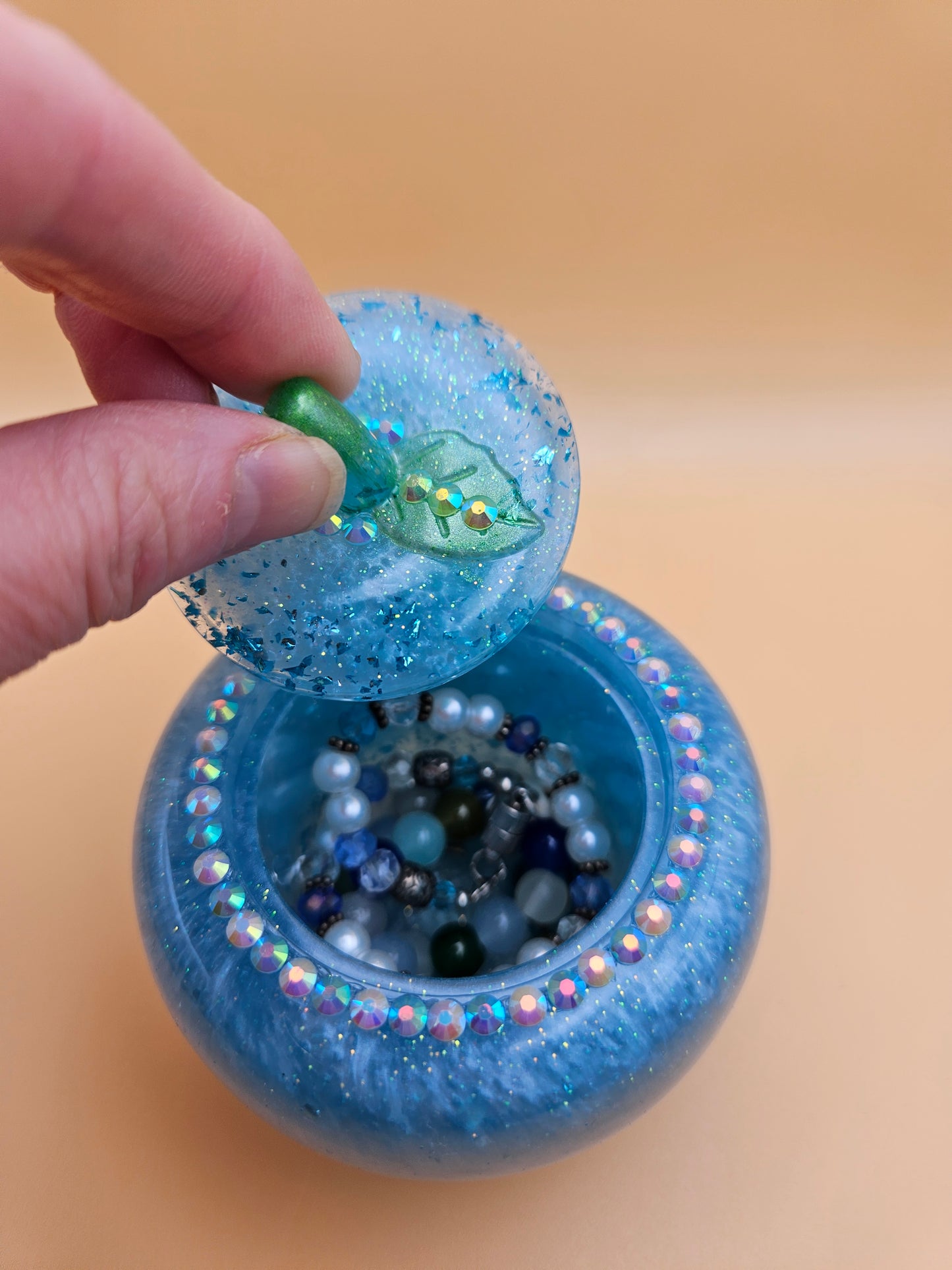 Blue Apple Trinket pot/Rhinestone jewellery dish or keepsake storage holder/handcrafted resin home or room decor/ accessory/ Birthday gift