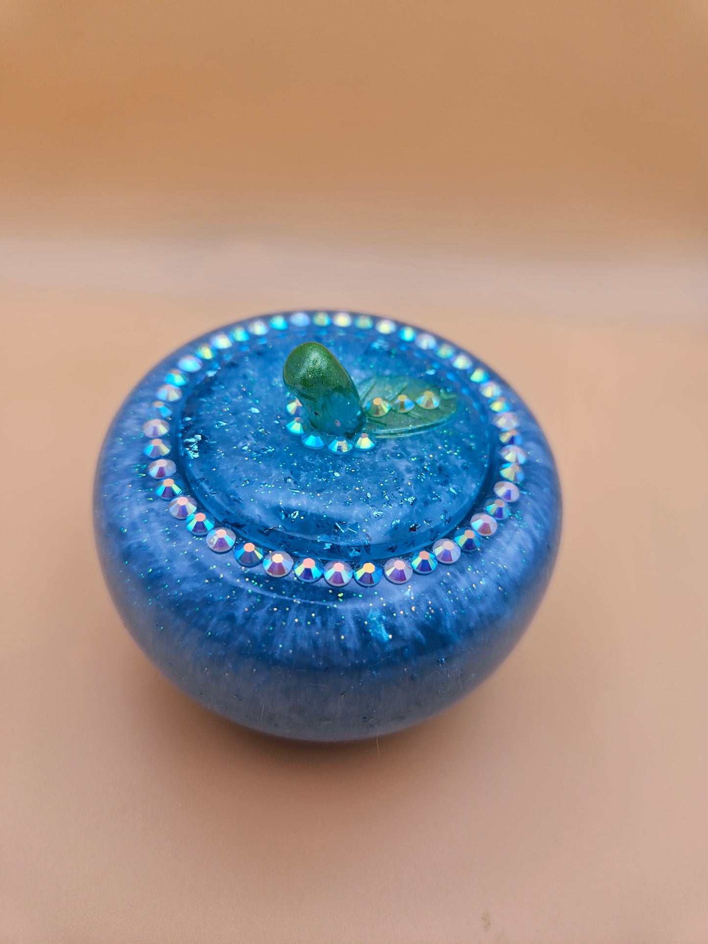 Blue Apple Trinket pot/Rhinestone jewellery dish or keepsake storage holder/handcrafted resin home or room decor/ accessory/ Birthday gift