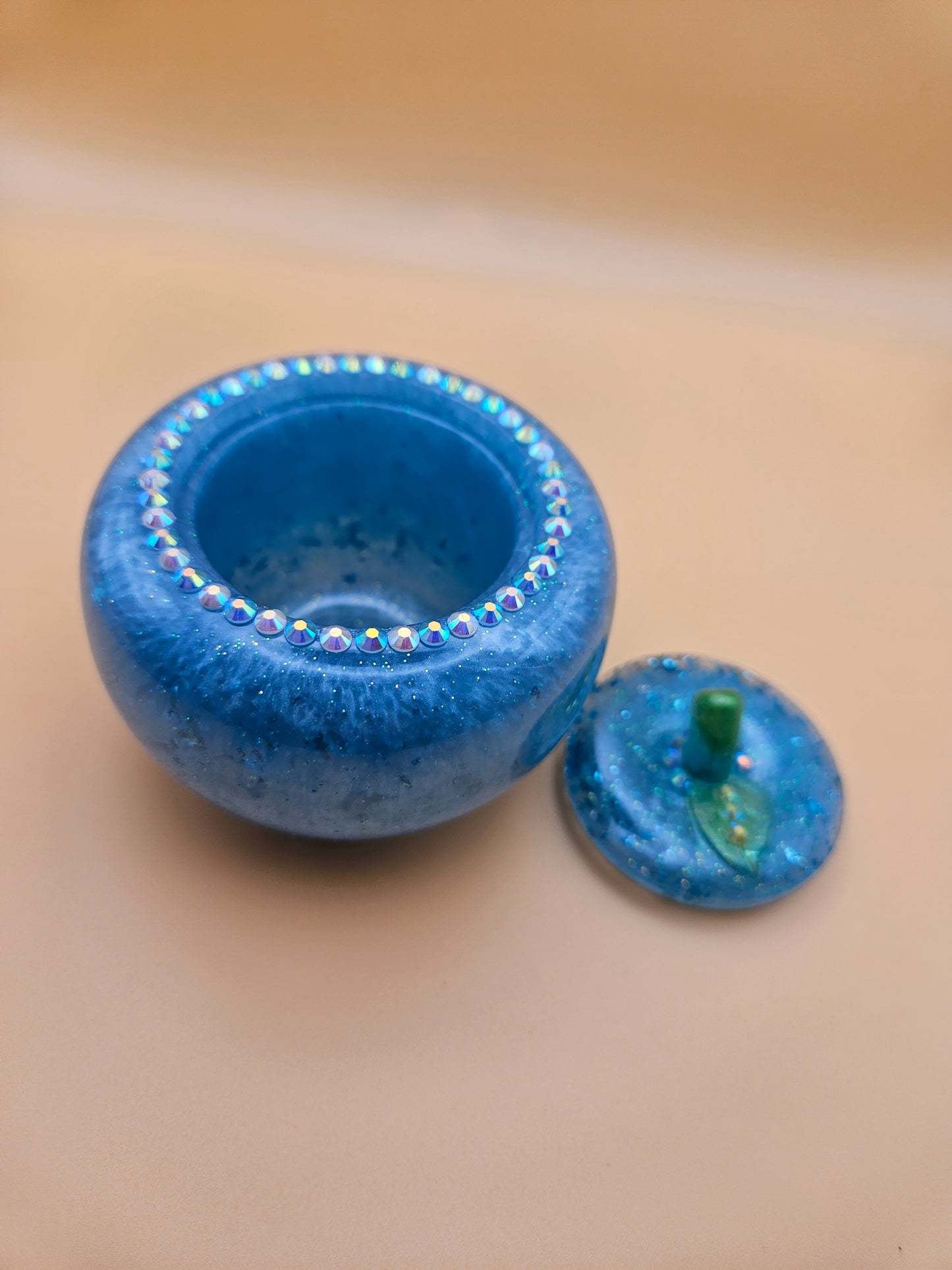 Blue Apple Trinket pot/Rhinestone jewellery dish or keepsake storage holder/handcrafted resin home or room decor/ accessory/ Birthday gift