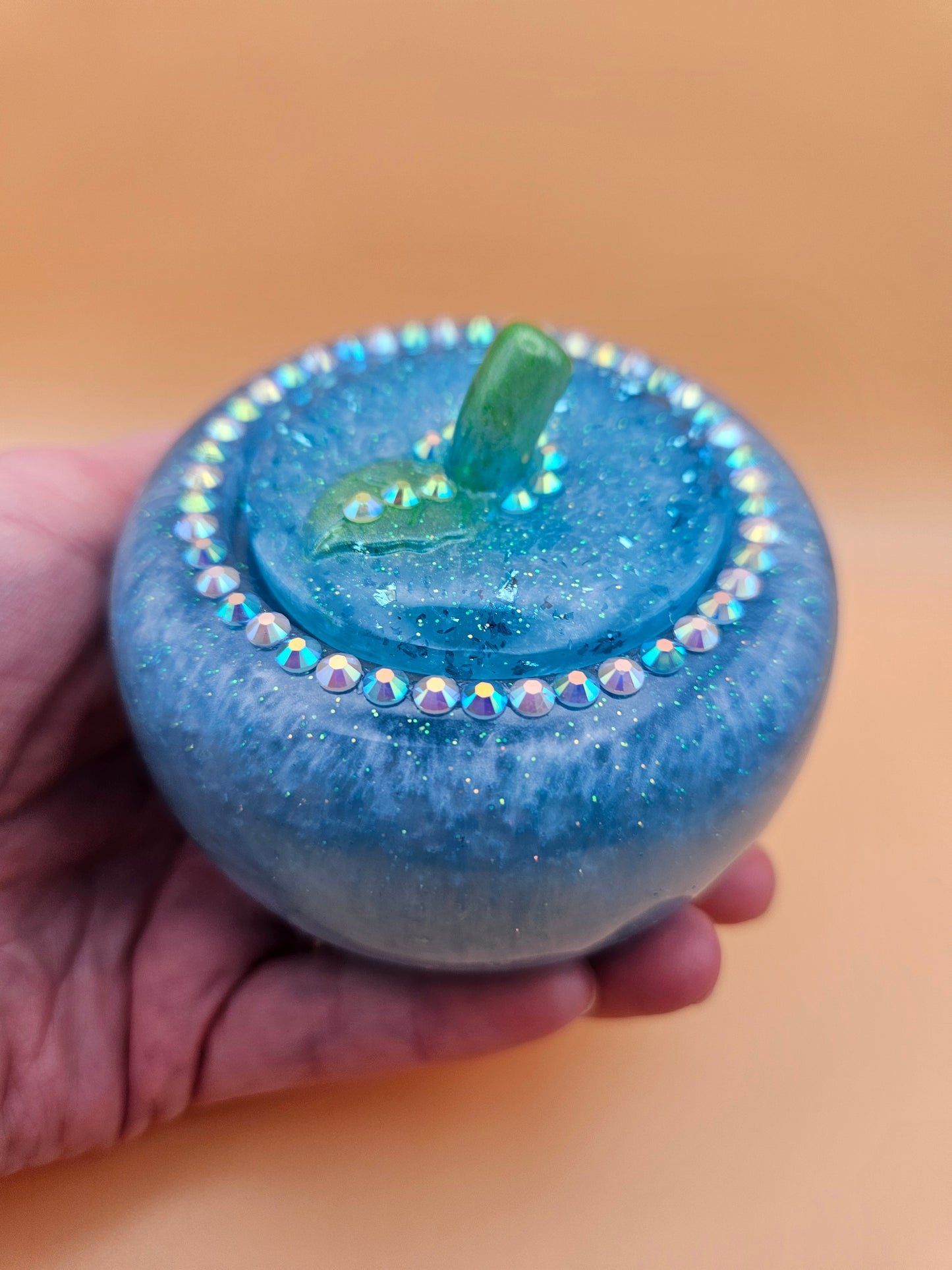 Blue Apple Trinket pot/Rhinestone jewellery dish or keepsake storage holder/handcrafted resin home or room decor/ accessory/ Birthday gift