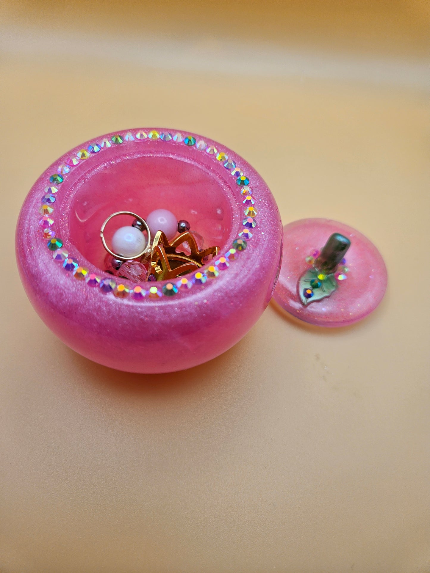 Pink Apple Trinket pot/Rhinestone jewellery dish or keepsake storage holder/handcrafted resin home or room decor/ accessory/ Birthday gift