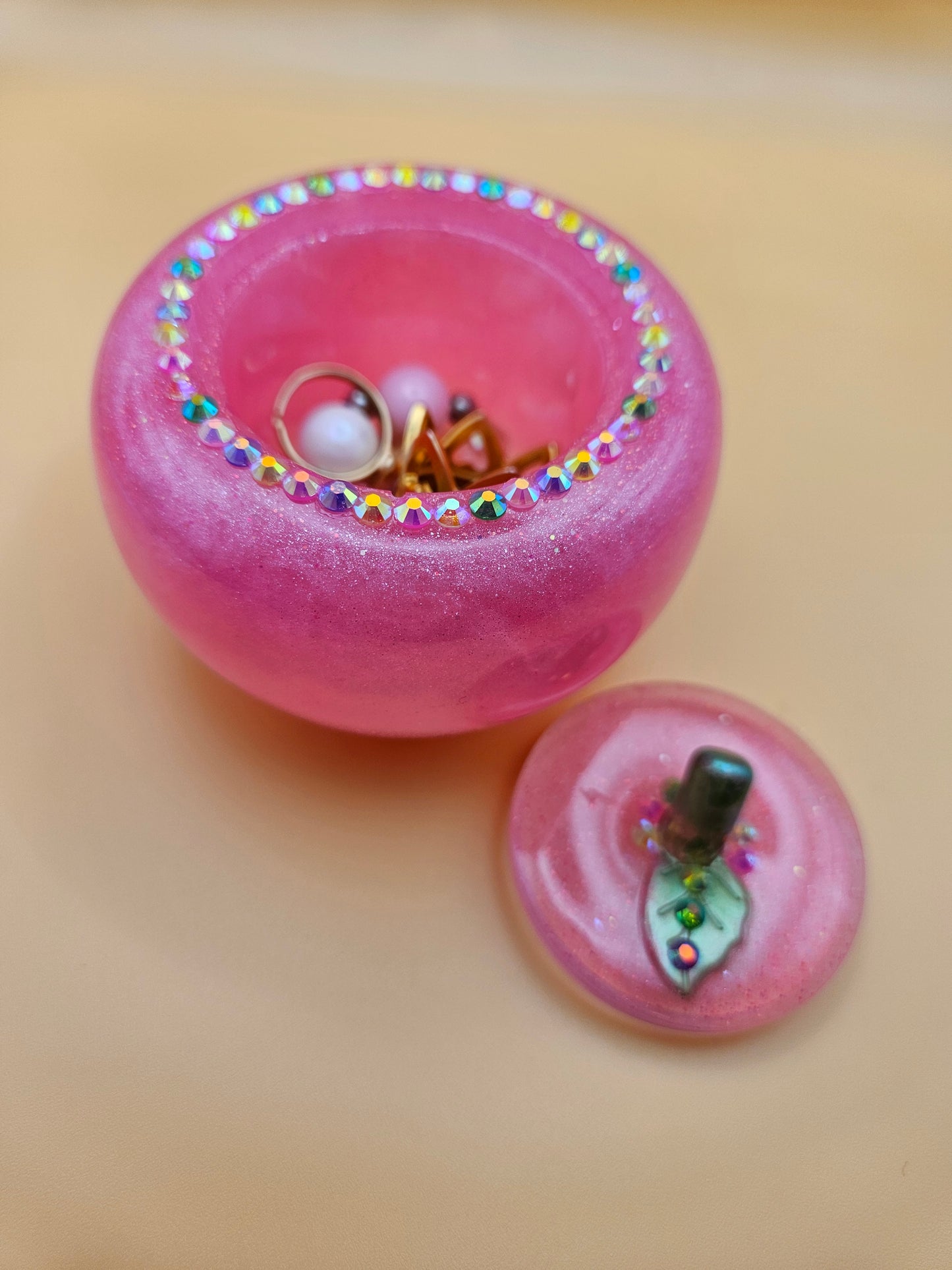 Pink Apple Trinket pot/Rhinestone jewellery dish or keepsake storage holder/handcrafted resin home or room decor/ accessory/ Birthday gift