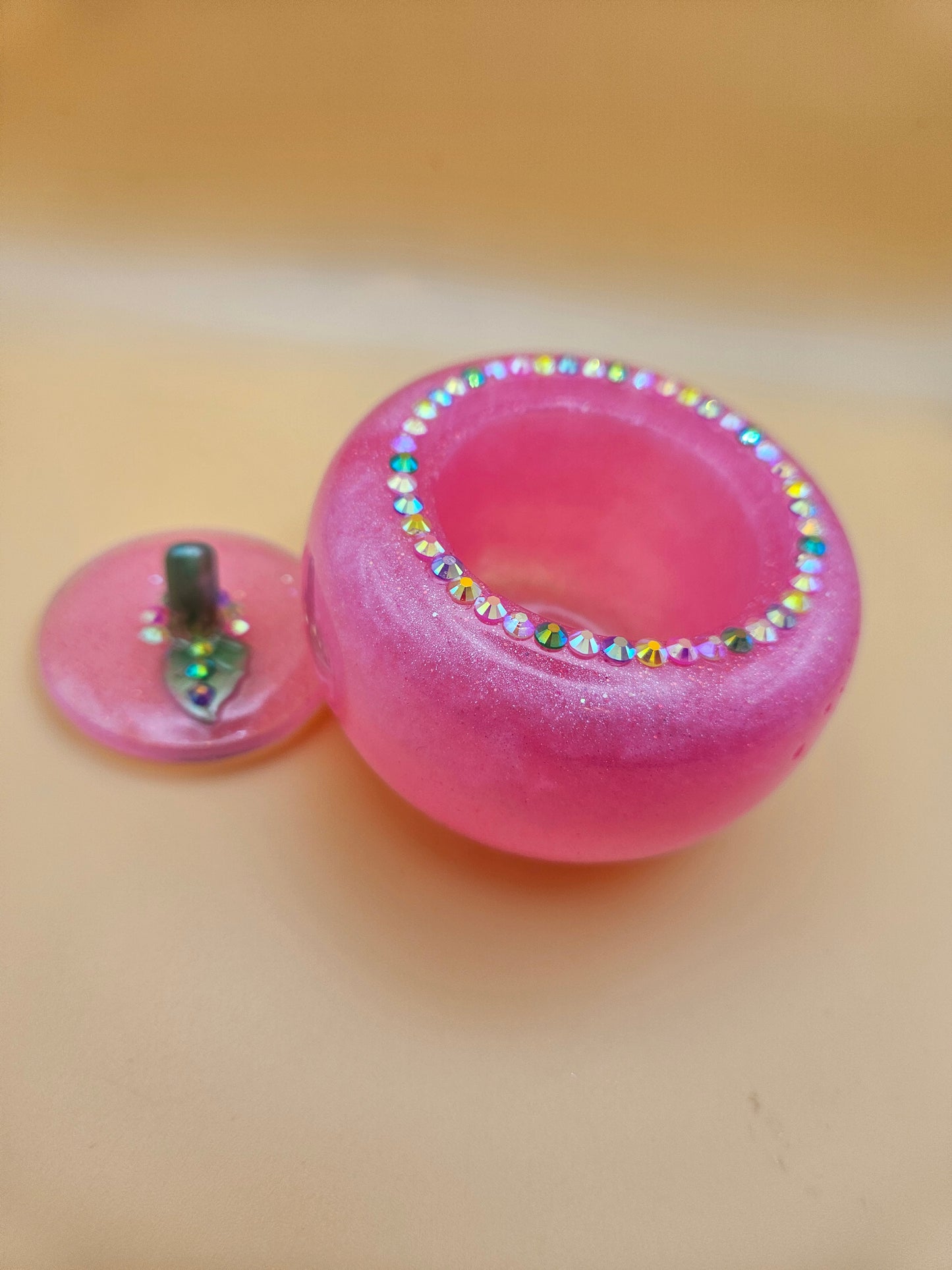 Pink Apple Trinket pot/Rhinestone jewellery dish or keepsake storage holder/handcrafted resin home or room decor/ accessory/ Birthday gift