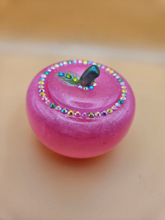 Pink Apple Trinket pot/Rhinestone jewellery dish or keepsake storage holder/handcrafted resin home or room decor/ accessory/ Birthday gift