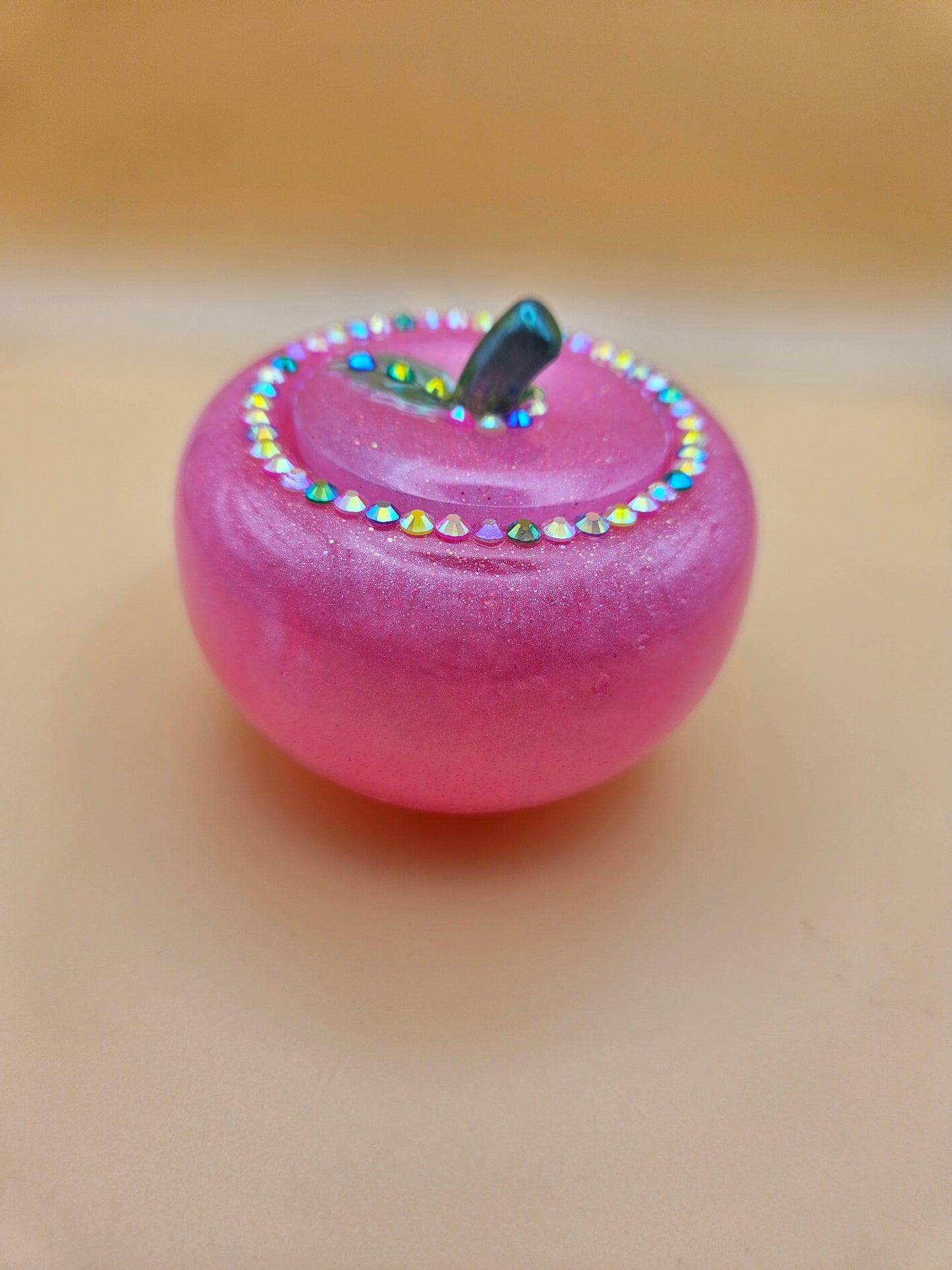 Pink Apple Trinket pot/Rhinestone jewellery dish or keepsake storage holder/handcrafted resin home or room decor/ accessory/ Birthday gift