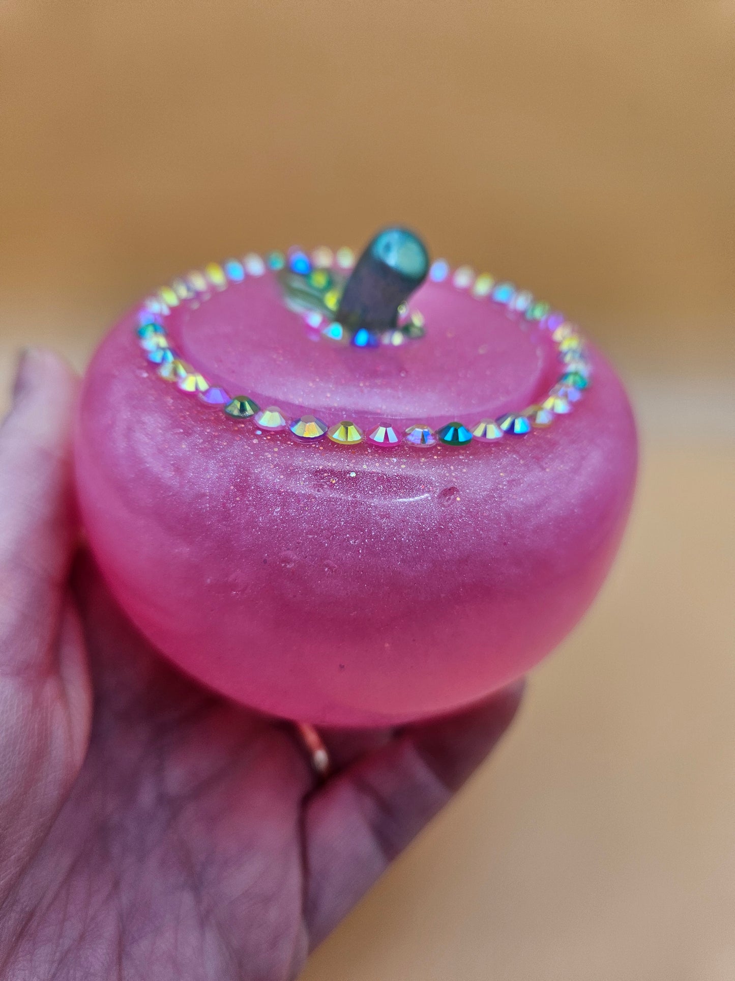 Pink Apple Trinket pot/Rhinestone jewellery dish or keepsake storage holder/handcrafted resin home or room decor/ accessory/ Birthday gift