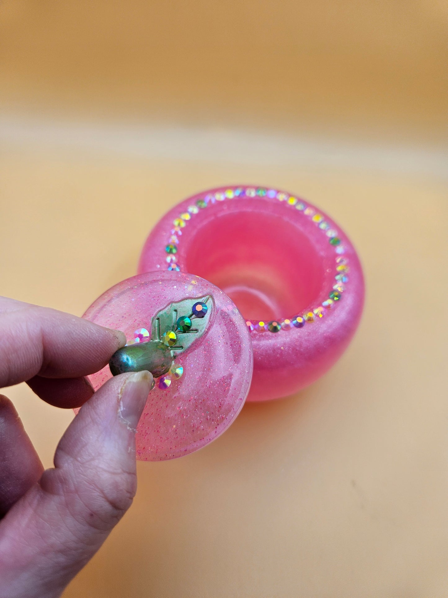 Pink Apple Trinket pot/Rhinestone jewellery dish or keepsake storage holder/handcrafted resin home or room decor/ accessory/ Birthday gift