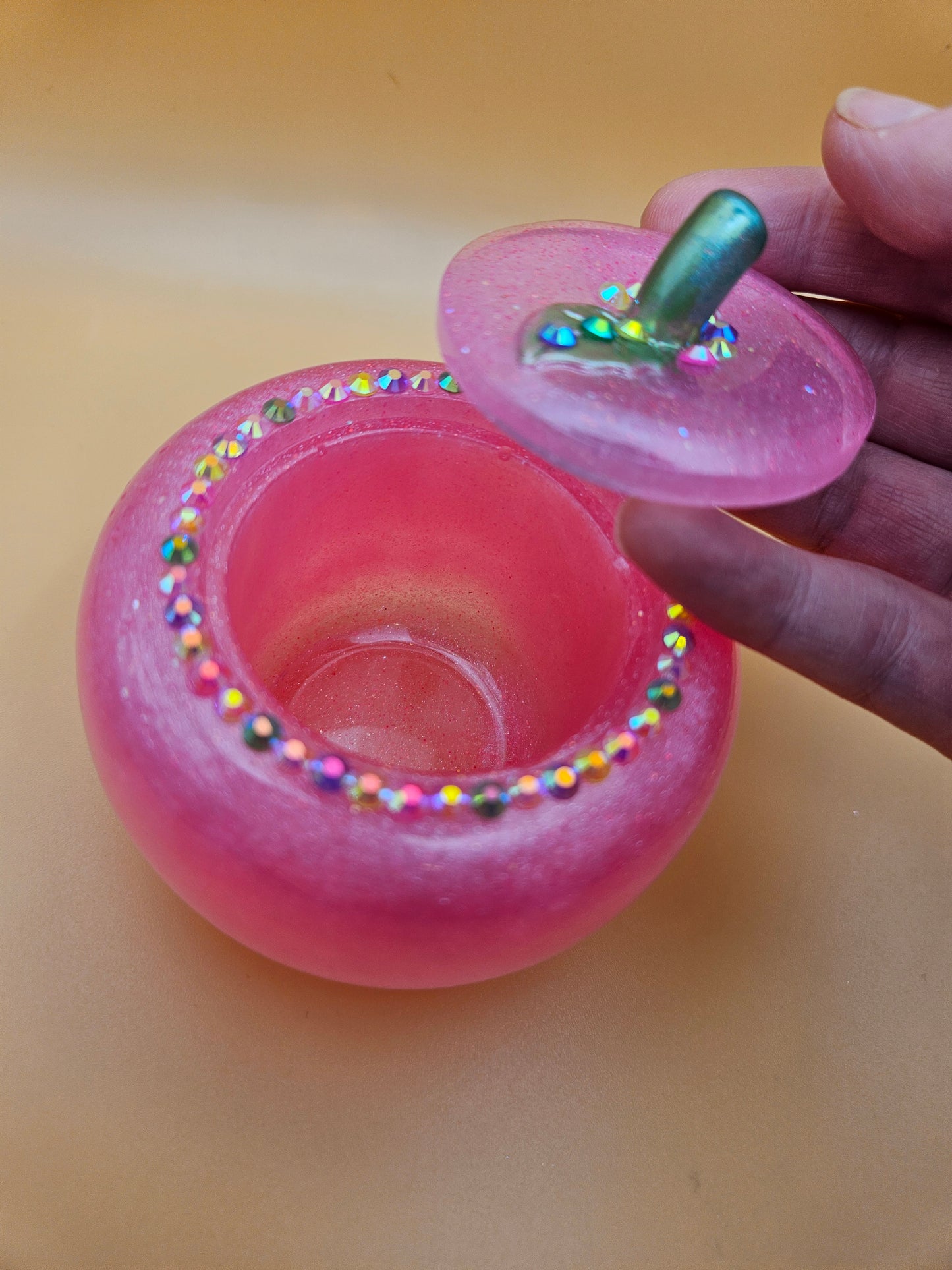 Pink Apple Trinket pot/Rhinestone jewellery dish or keepsake storage holder/handcrafted resin home or room decor/ accessory/ Birthday gift