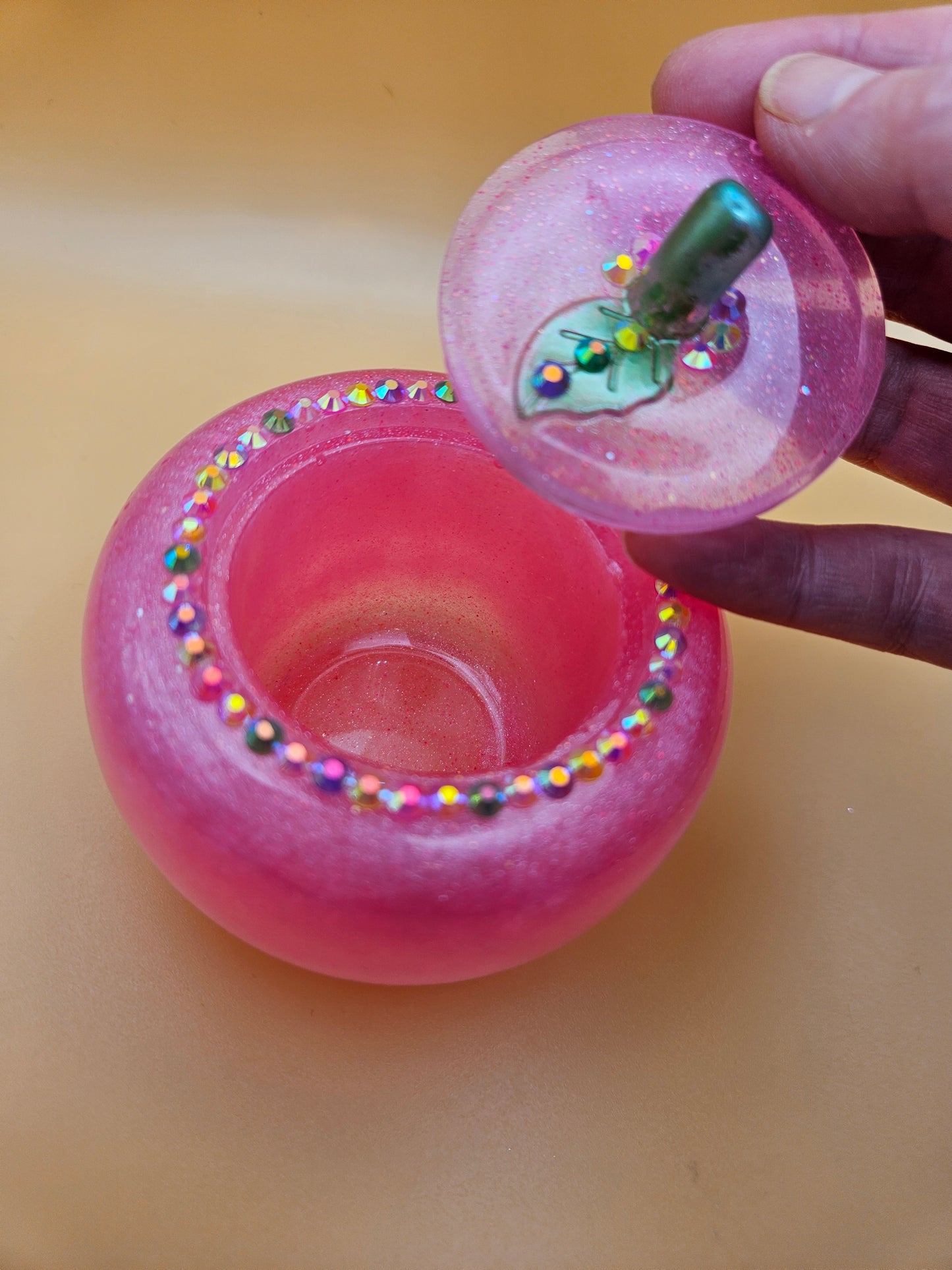 Pink Apple Trinket pot/Rhinestone jewellery dish or keepsake storage holder/handcrafted resin home or room decor/ accessory/ Birthday gift