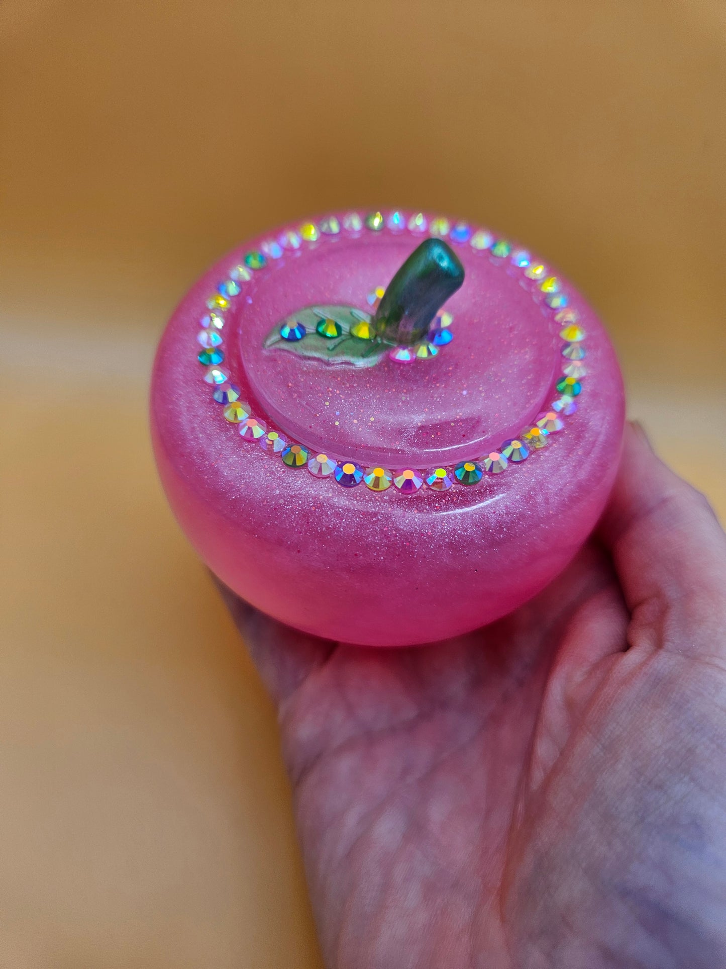 Pink Apple Trinket pot/Rhinestone jewellery dish or keepsake storage holder/handcrafted resin home or room decor/ accessory/ Birthday gift
