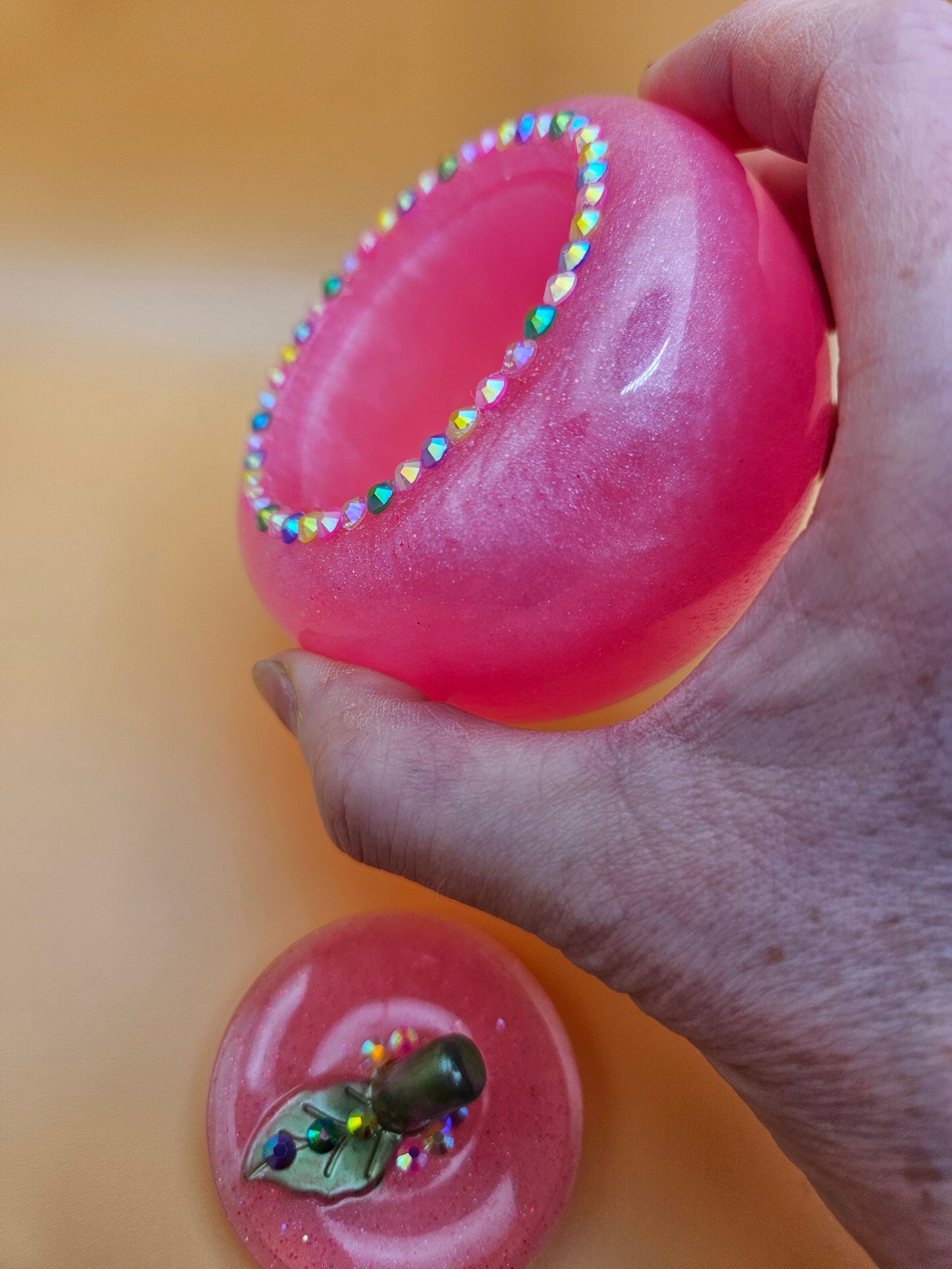 Pink Apple Trinket pot/Rhinestone jewellery dish or keepsake storage holder/handcrafted resin home or room decor/ accessory/ Birthday gift