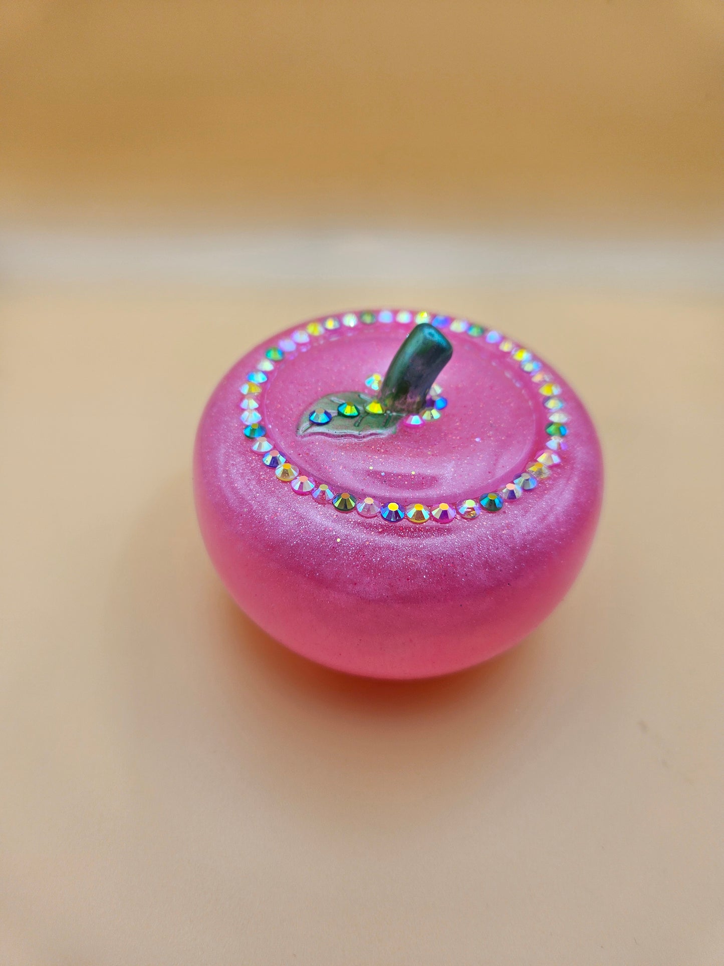 Pink Apple Trinket pot/Rhinestone jewellery dish or keepsake storage holder/handcrafted resin home or room decor/ accessory/ Birthday gift