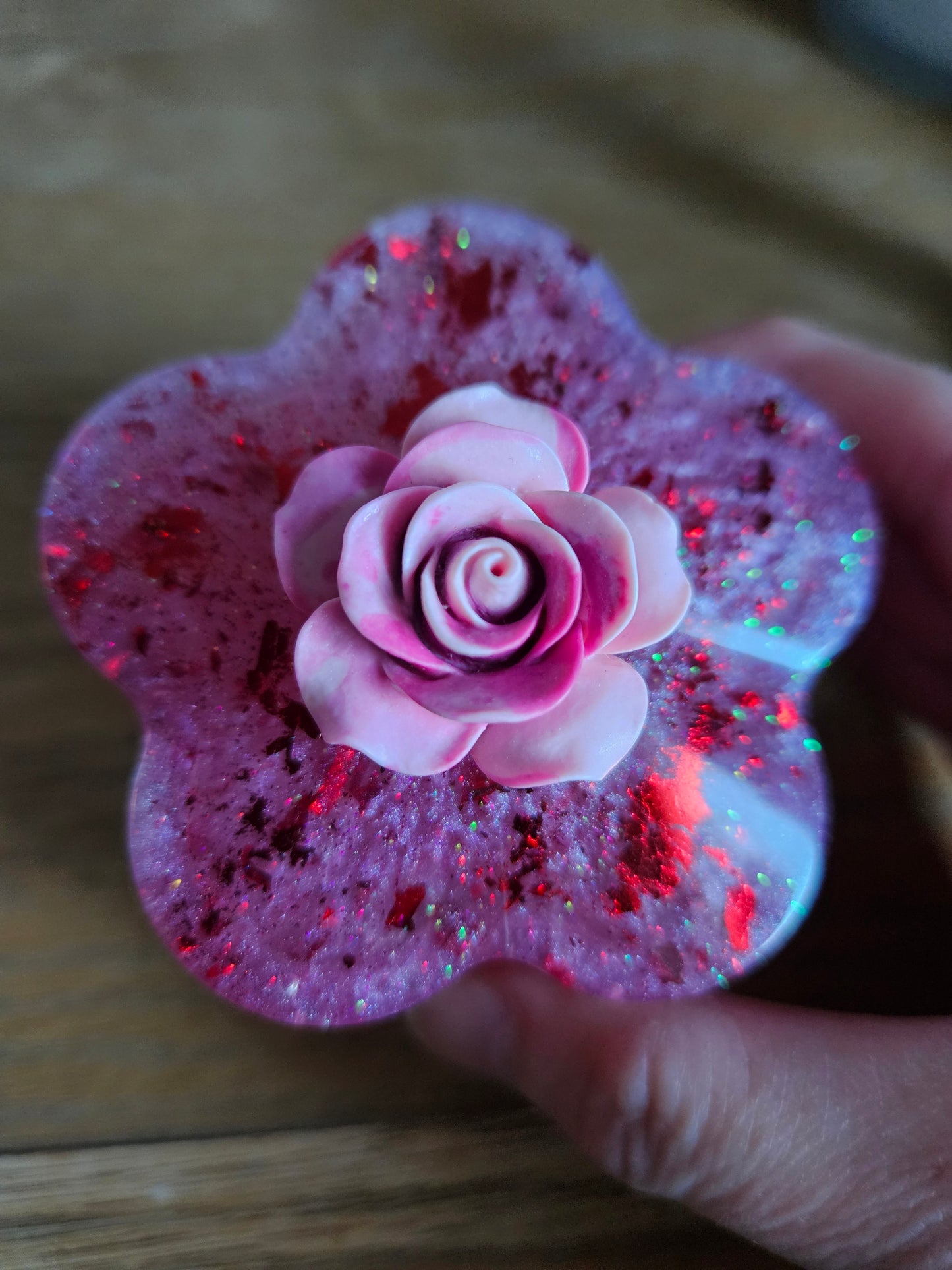Flower shaped trinket box with rhinestones and arcylic flowers.