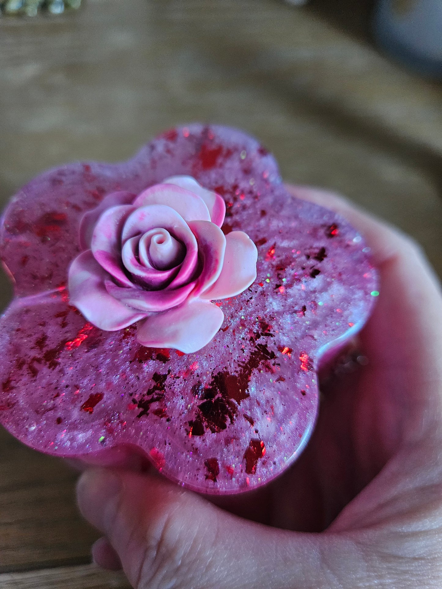 Flower shaped trinket box with rhinestones and arcylic flowers.