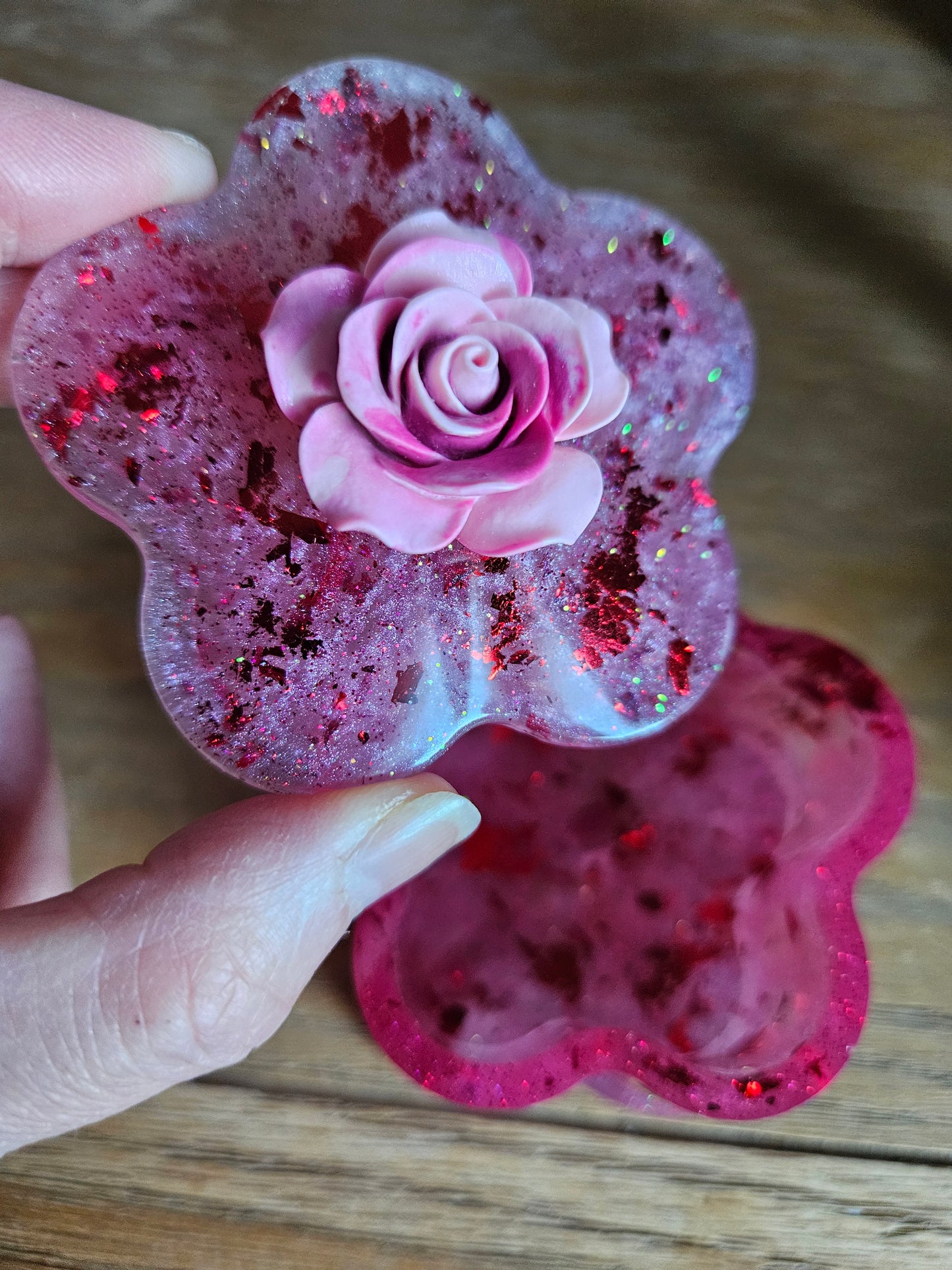 Flower shaped trinket box with rhinestones and arcylic flowers.