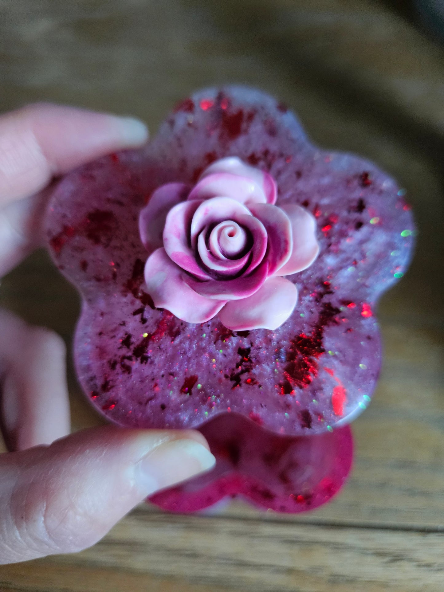 Flower shaped trinket box with rhinestones and arcylic flowers.