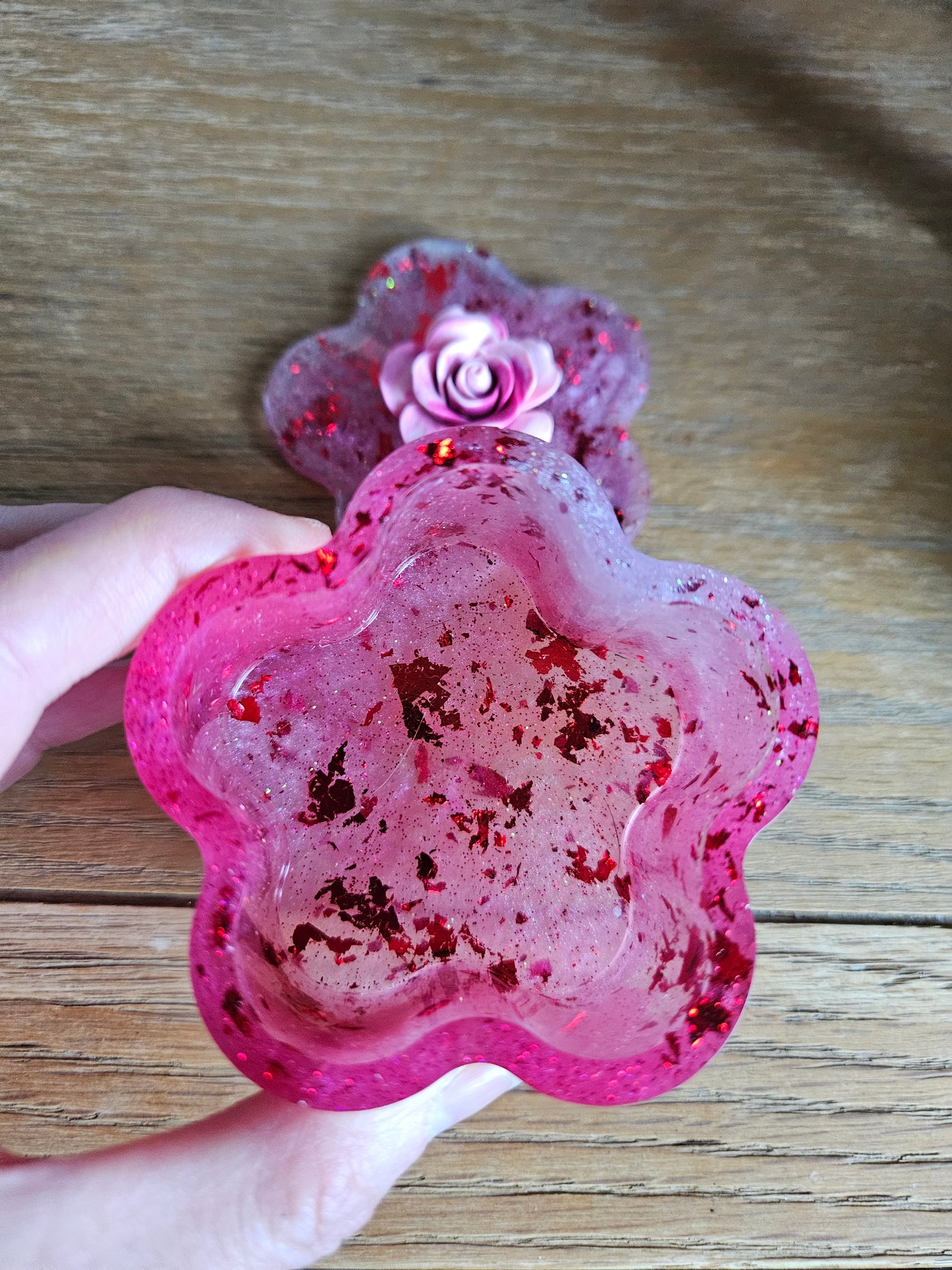 Flower shaped trinket box with rhinestones and arcylic flowers.