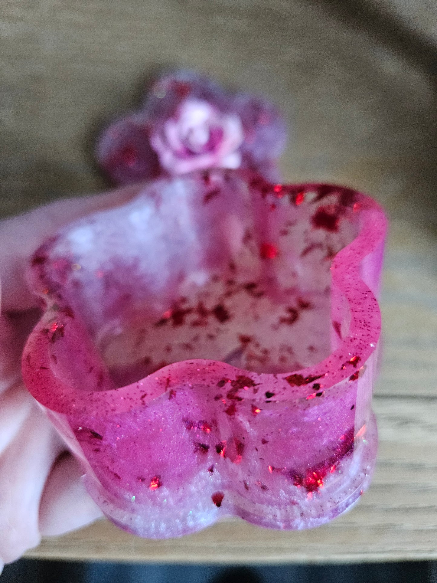Flower shaped trinket box with rhinestones and arcylic flowers.