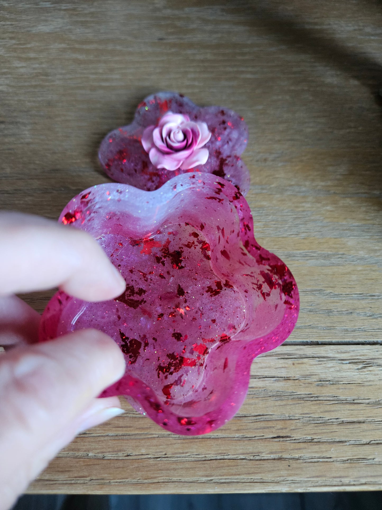 Flower shaped trinket box with rhinestones and arcylic flowers.