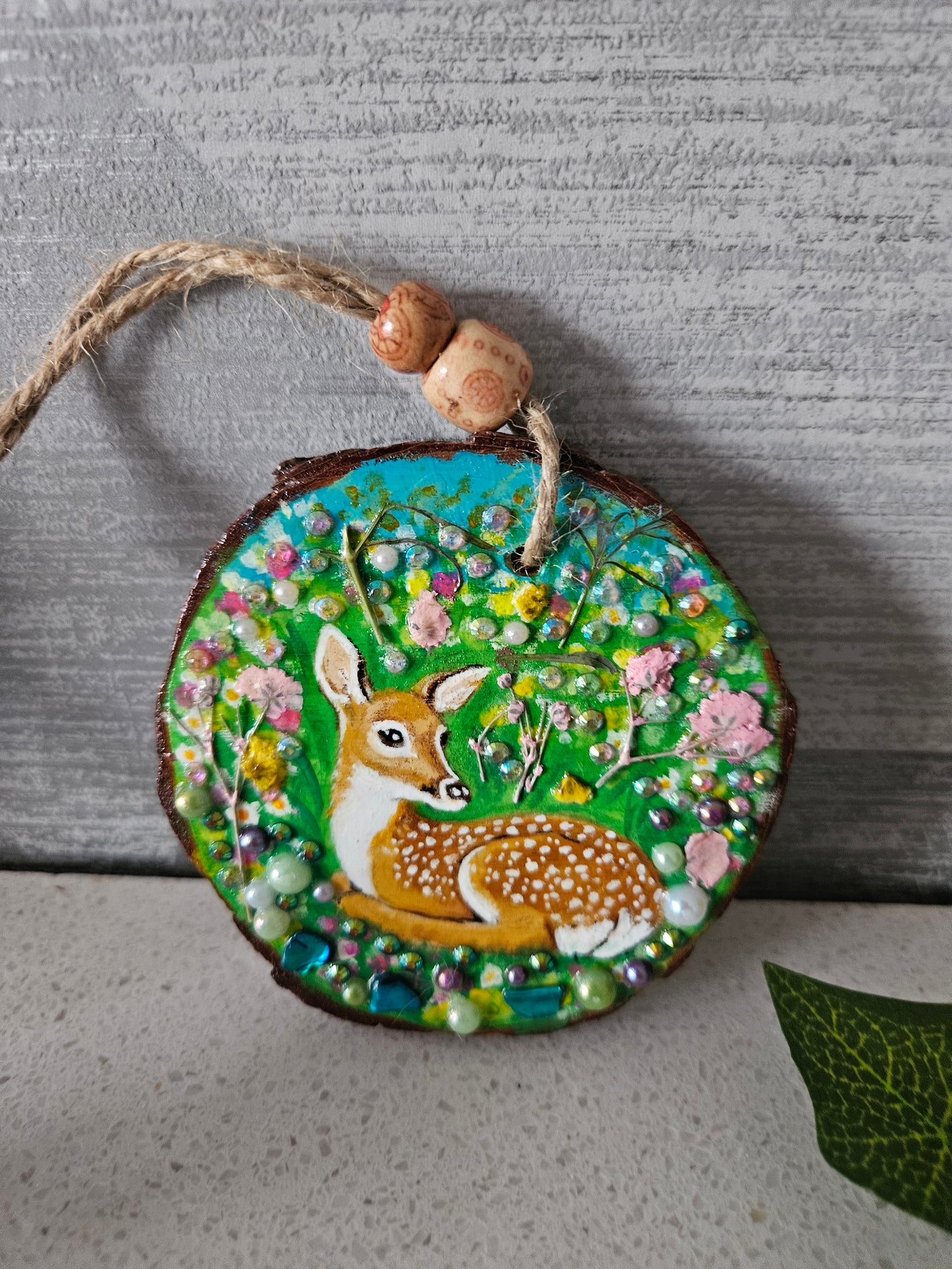 Hand painted Wood Slice/Wood painting/Whimsy deer in flowers/ Home Decor/Gift for animal lover/art  Birthday gift for mum dad gran papa