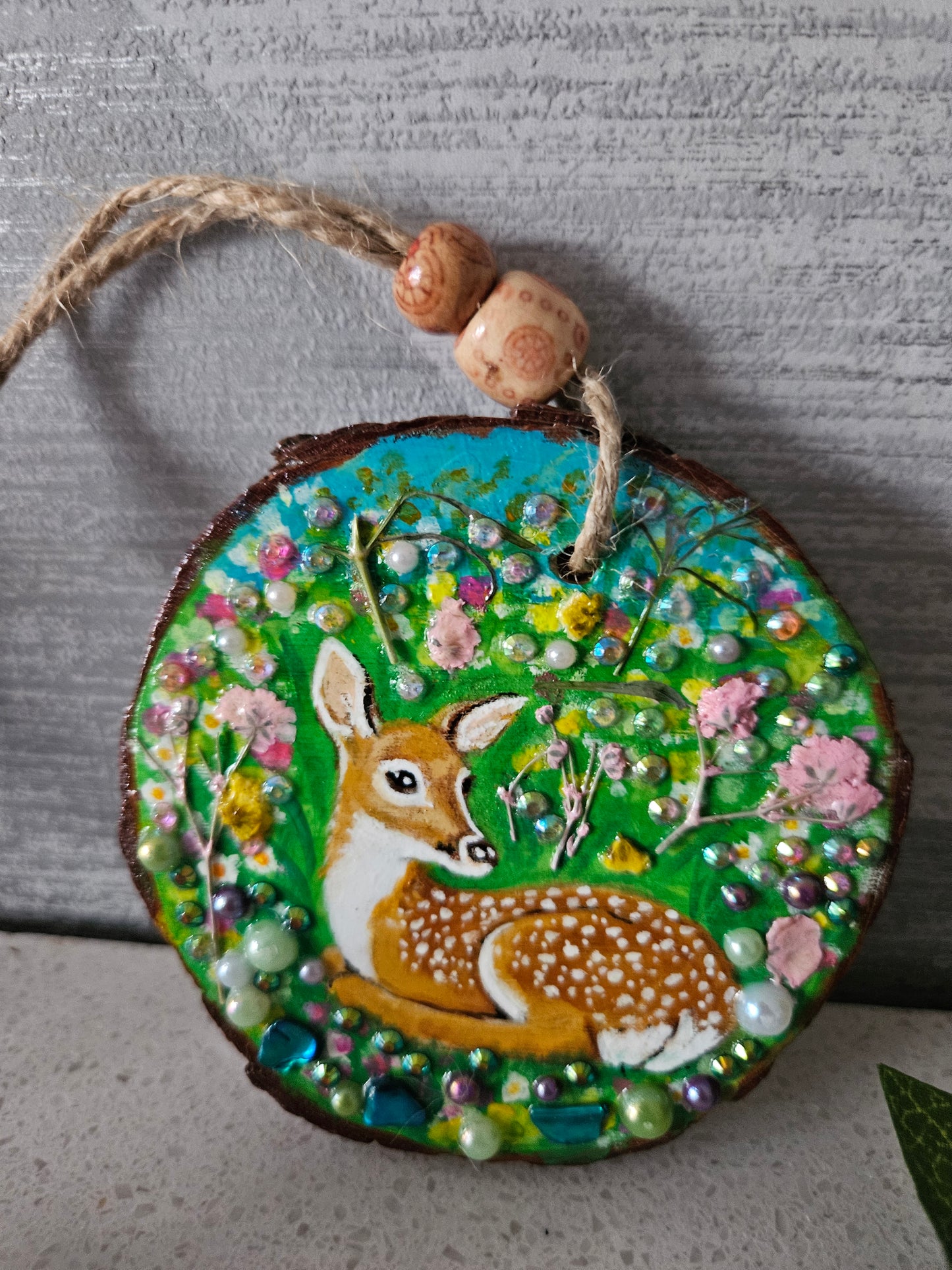 Hand painted Wood Slice/Wood painting/Whimsy deer in flowers/ Home Decor/Gift for animal lover/art  Birthday gift for mum dad gran papa