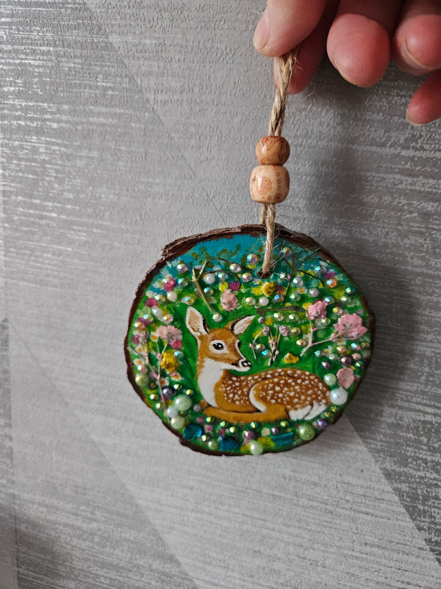 Hand painted Wood Slice/Wood painting/Whimsy deer in flowers/ Home Decor/Gift for animal lover/art  Birthday gift for mum dad gran papa