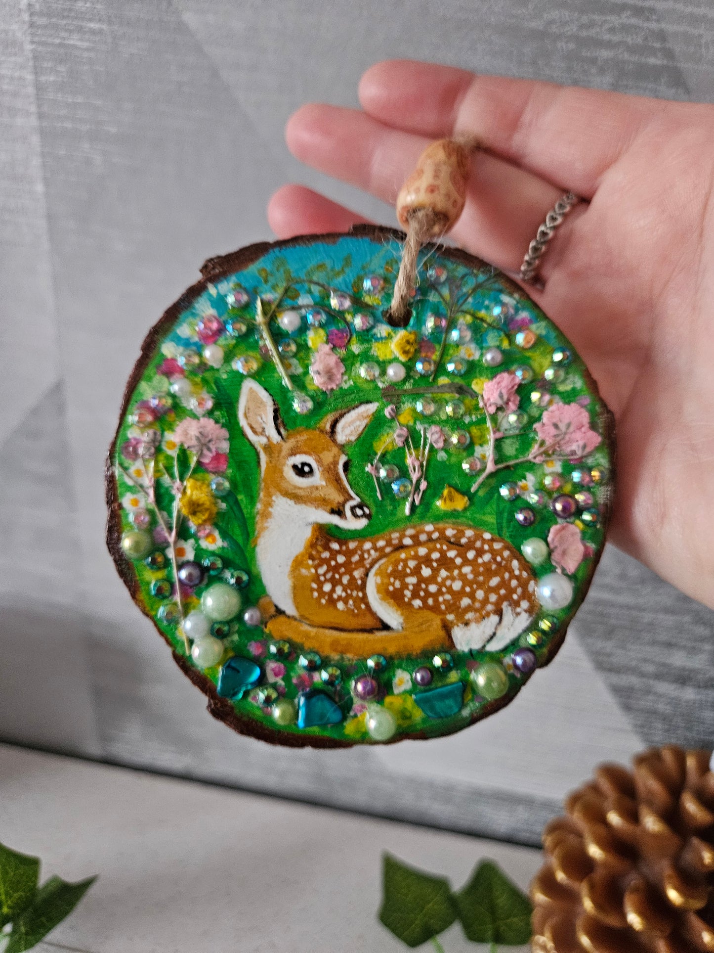 Hand painted Wood Slice/Wood painting/Whimsy deer in flowers/ Home Decor/Gift for animal lover/art  Birthday gift for mum dad gran papa