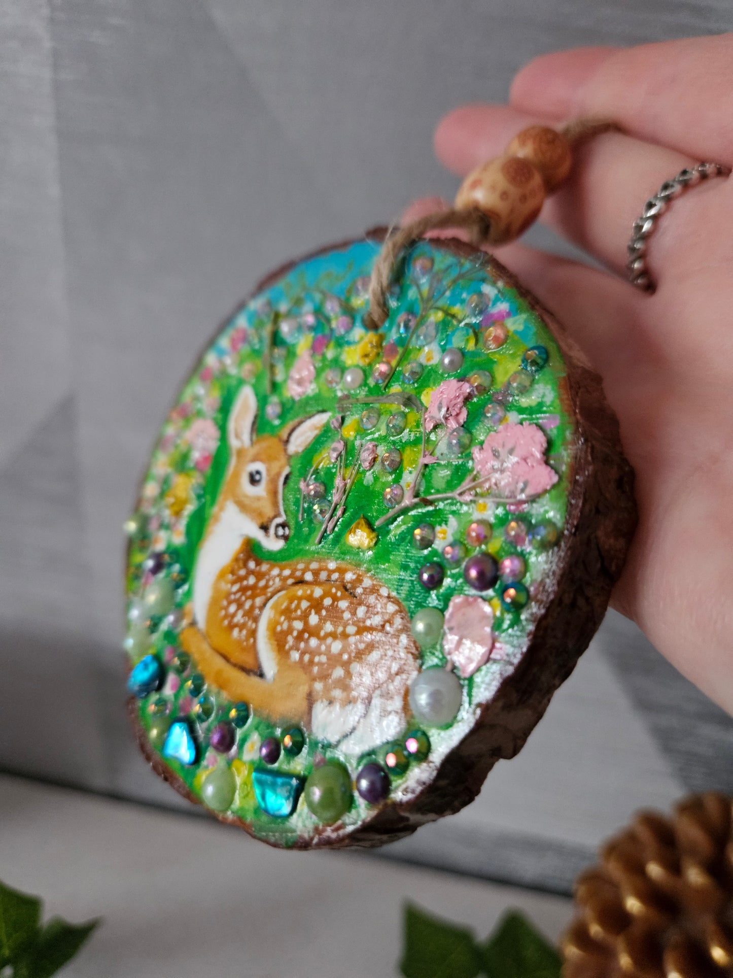 Hand painted Wood Slice/Wood painting/Whimsy deer in flowers/ Home Decor/Gift for animal lover/art  Birthday gift for mum dad gran papa