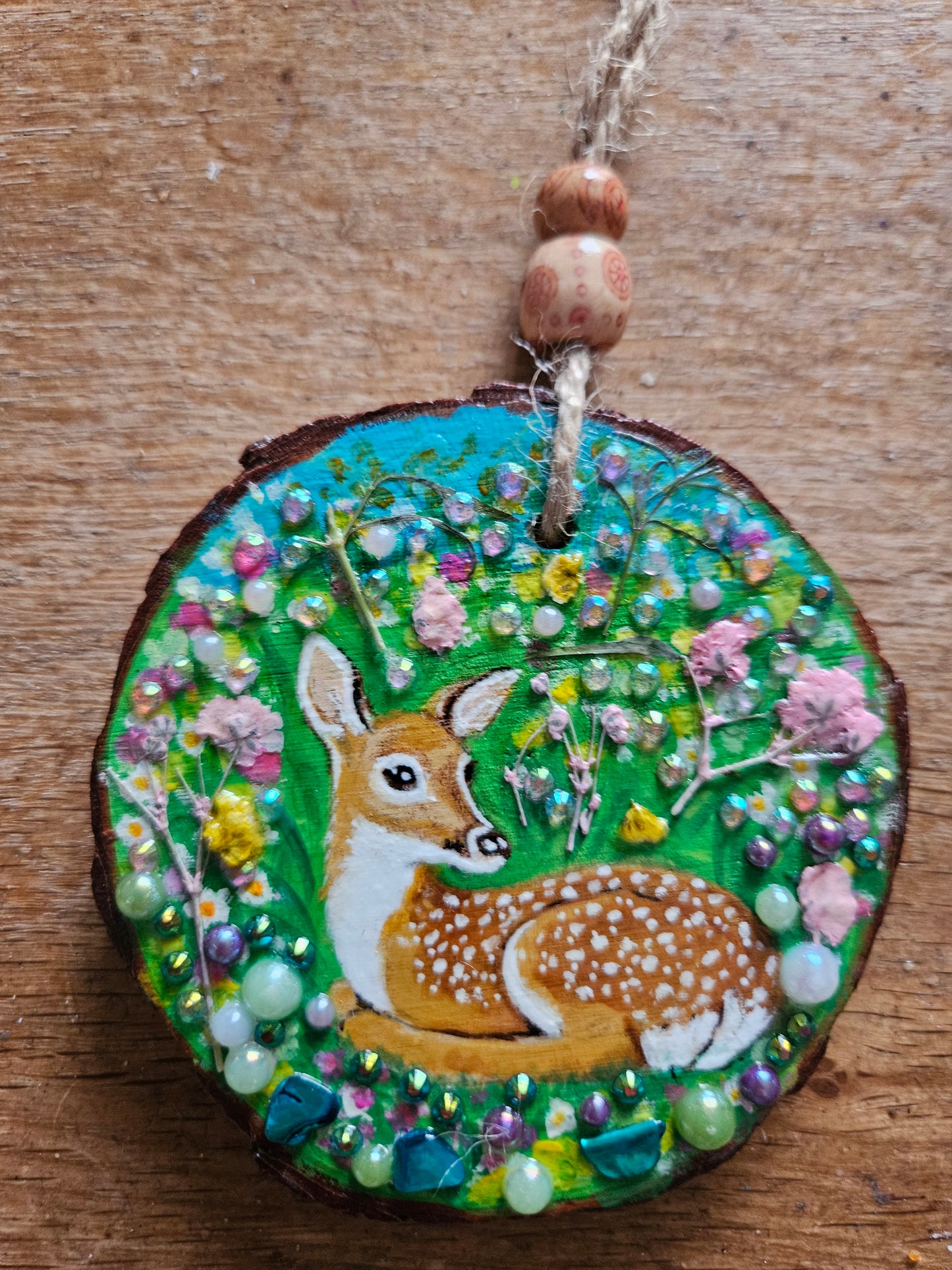 Hand painted Wood Slice/Wood painting/Whimsy deer in flowers/ Home Decor/Gift for animal lover/art  Birthday gift for mum dad gran papa