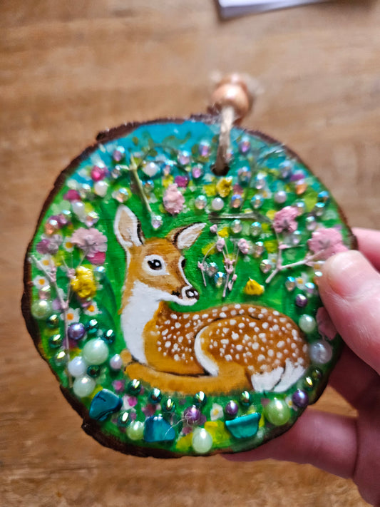 Hand painted Wood Slice/Wood painting/Whimsy deer in flowers/ Home Decor/Gift for animal lover/art  Birthday gift for mum dad gran papa
