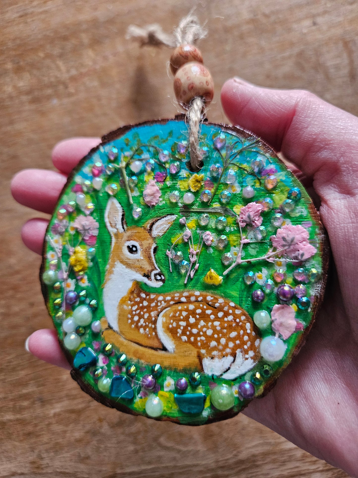 Hand painted Wood Slice/Wood painting/Whimsy deer in flowers/ Home Decor/Gift for animal lover/art  Birthday gift for mum dad gran papa