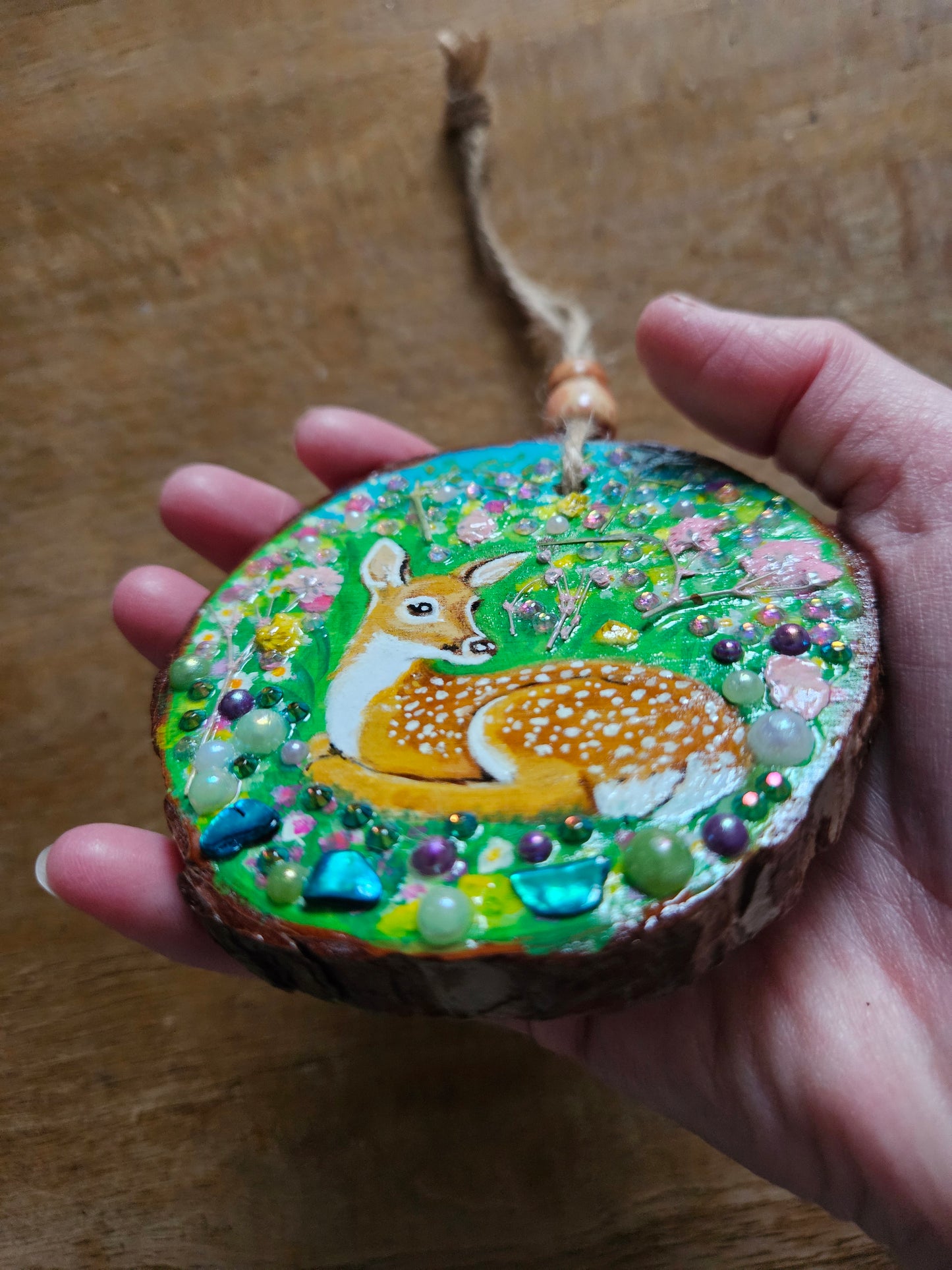 Hand painted Wood Slice/Wood painting/Whimsy deer in flowers/ Home Decor/Gift for animal lover/art  Birthday gift for mum dad gran papa