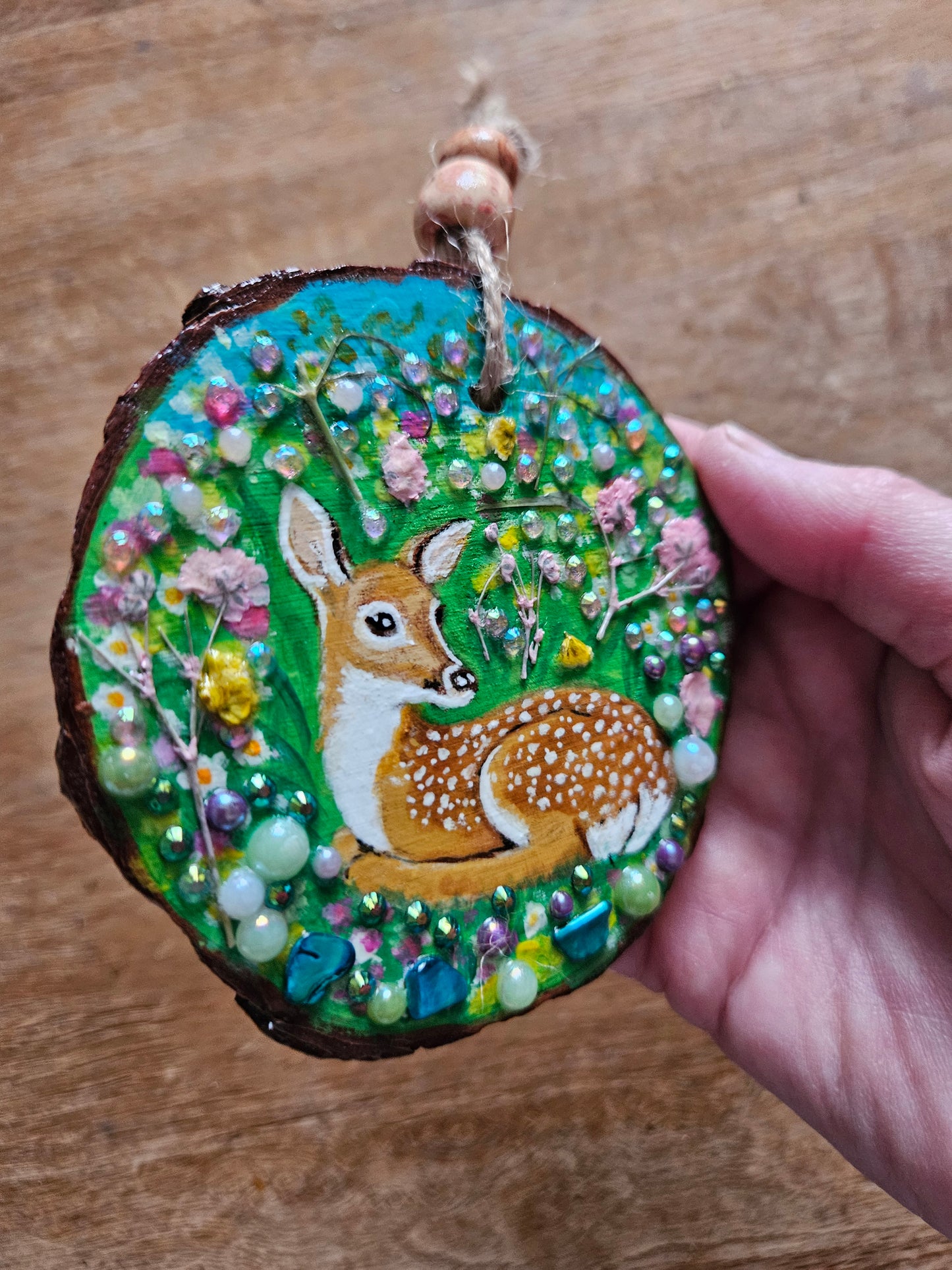 Hand painted Wood Slice/Wood painting/Whimsy deer in flowers/ Home Decor/Gift for animal lover/art  Birthday gift for mum dad gran papa
