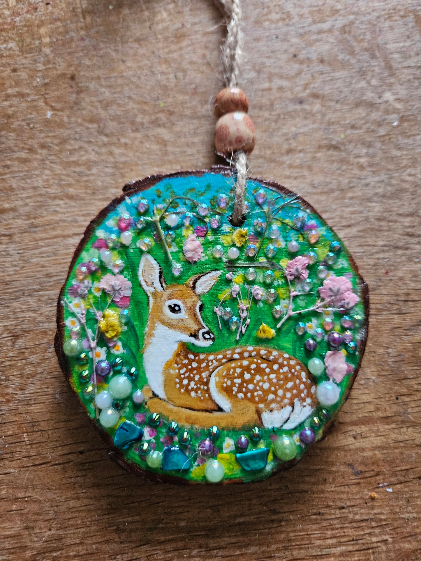 Hand painted Wood Slice/Wood painting/Whimsy deer in flowers/ Home Decor/Gift for animal lover/art  Birthday gift for mum dad gran papa