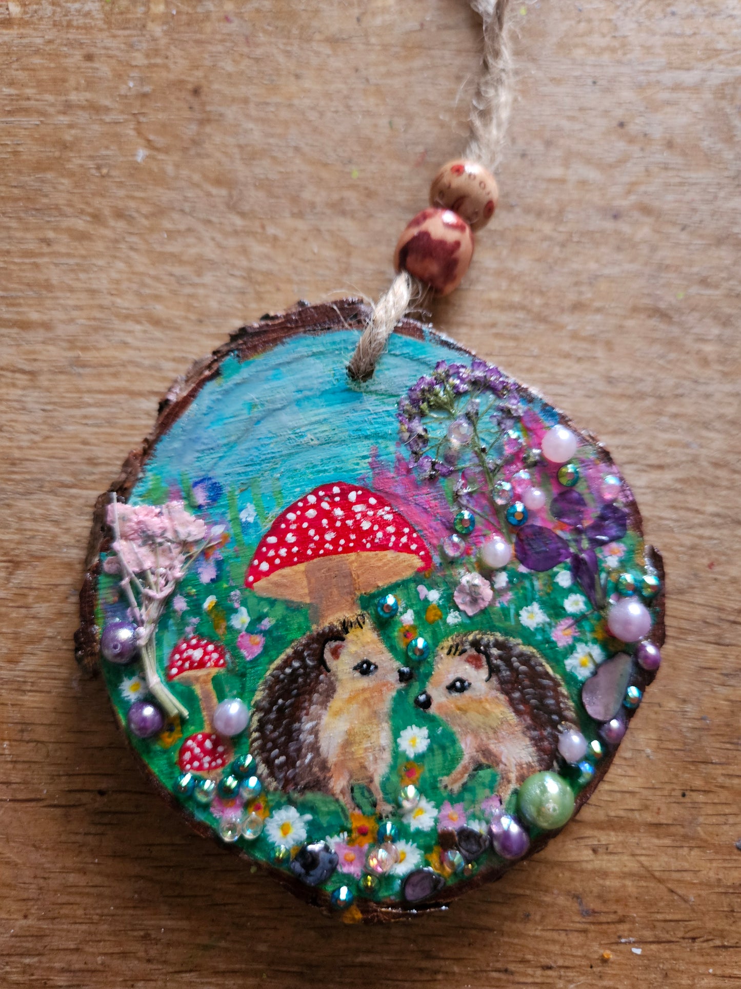 Hand painted cute pair of hedgehogs and mushrooms/whimsical handmade home decor/creations/wood slice painting for animal/nature lover