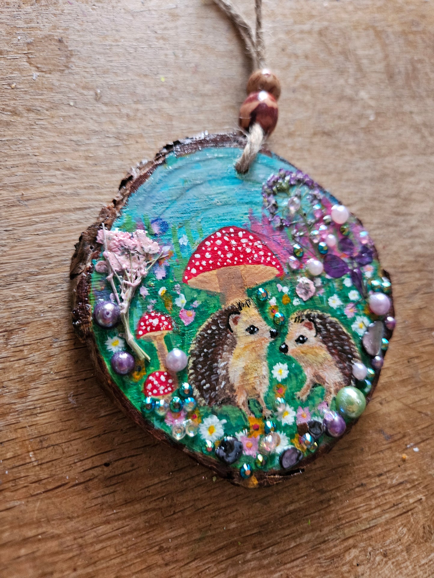 Hand painted cute pair of hedgehogs and mushrooms/whimsical handmade home decor/creations/wood slice painting for animal/nature lover