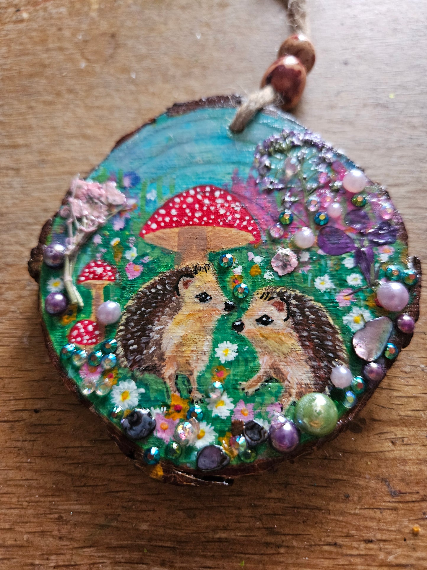 Hand painted cute pair of hedgehogs and mushrooms/whimsical handmade home decor/creations/wood slice painting for animal/nature lover