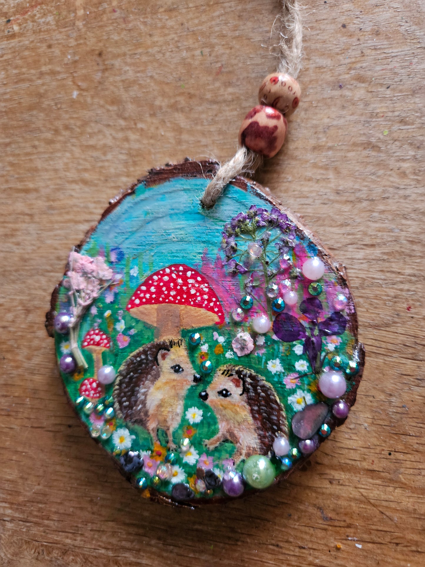 Hand painted cute pair of hedgehogs and mushrooms/whimsical handmade home decor/creations/wood slice painting for animal/nature lover