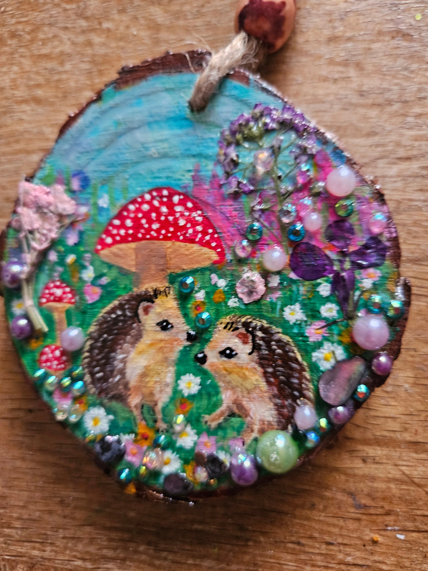 Hand painted cute pair of hedgehogs and mushrooms/whimsical handmade home decor/creations/wood slice painting for animal/nature lover