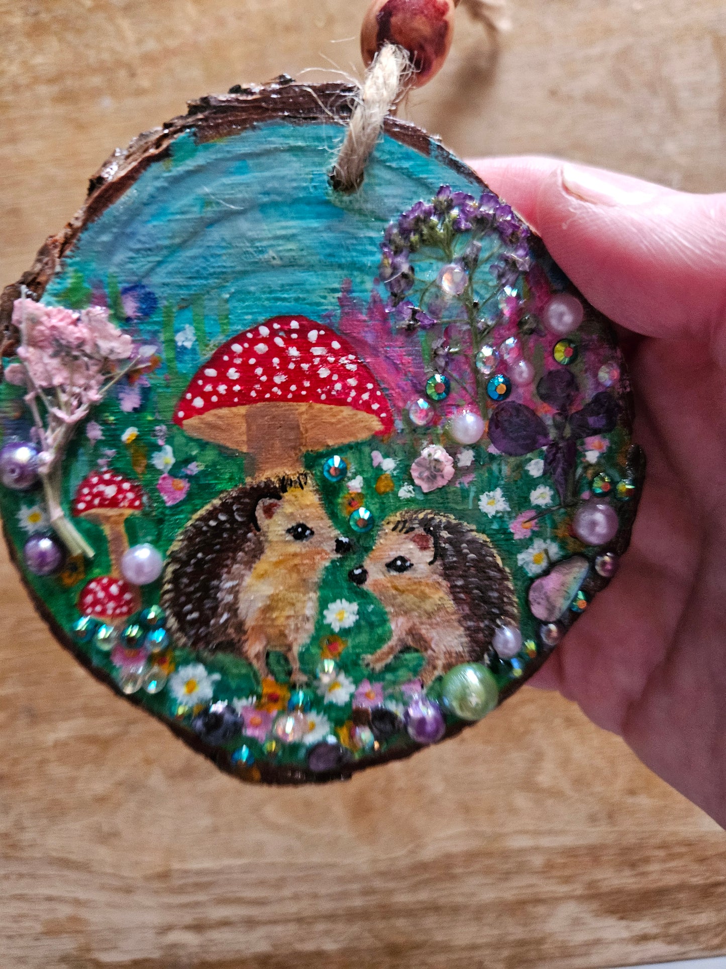 Hand painted cute pair of hedgehogs and mushrooms/whimsical handmade home decor/creations/wood slice painting for animal/nature lover