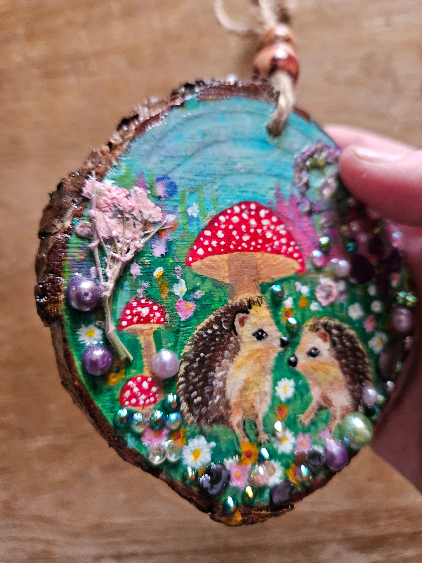 Hand painted cute pair of hedgehogs and mushrooms/whimsical handmade home decor/creations/wood slice painting for animal/nature lover