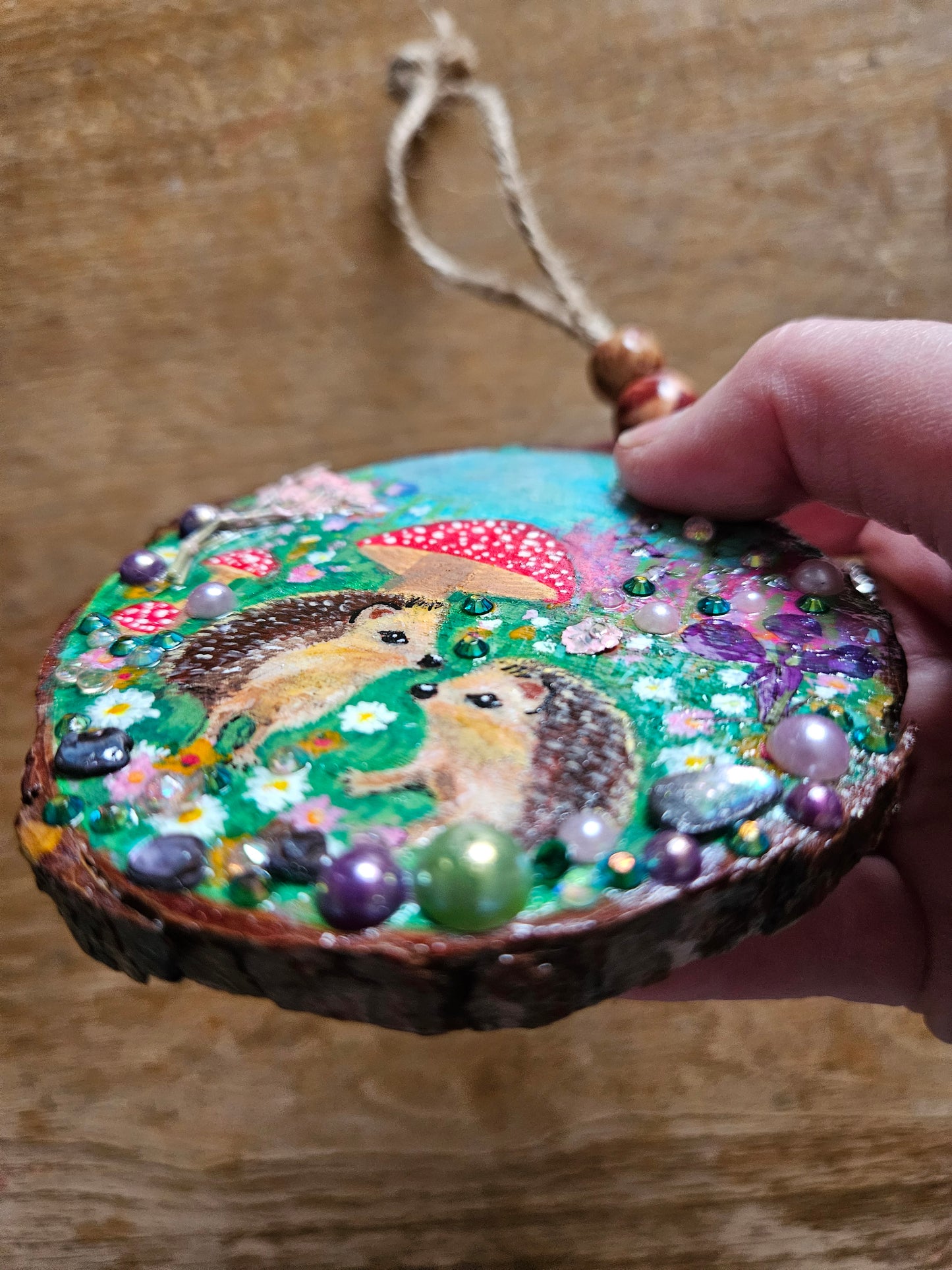 Hand painted cute pair of hedgehogs and mushrooms/whimsical handmade home decor/creations/wood slice painting for animal/nature lover
