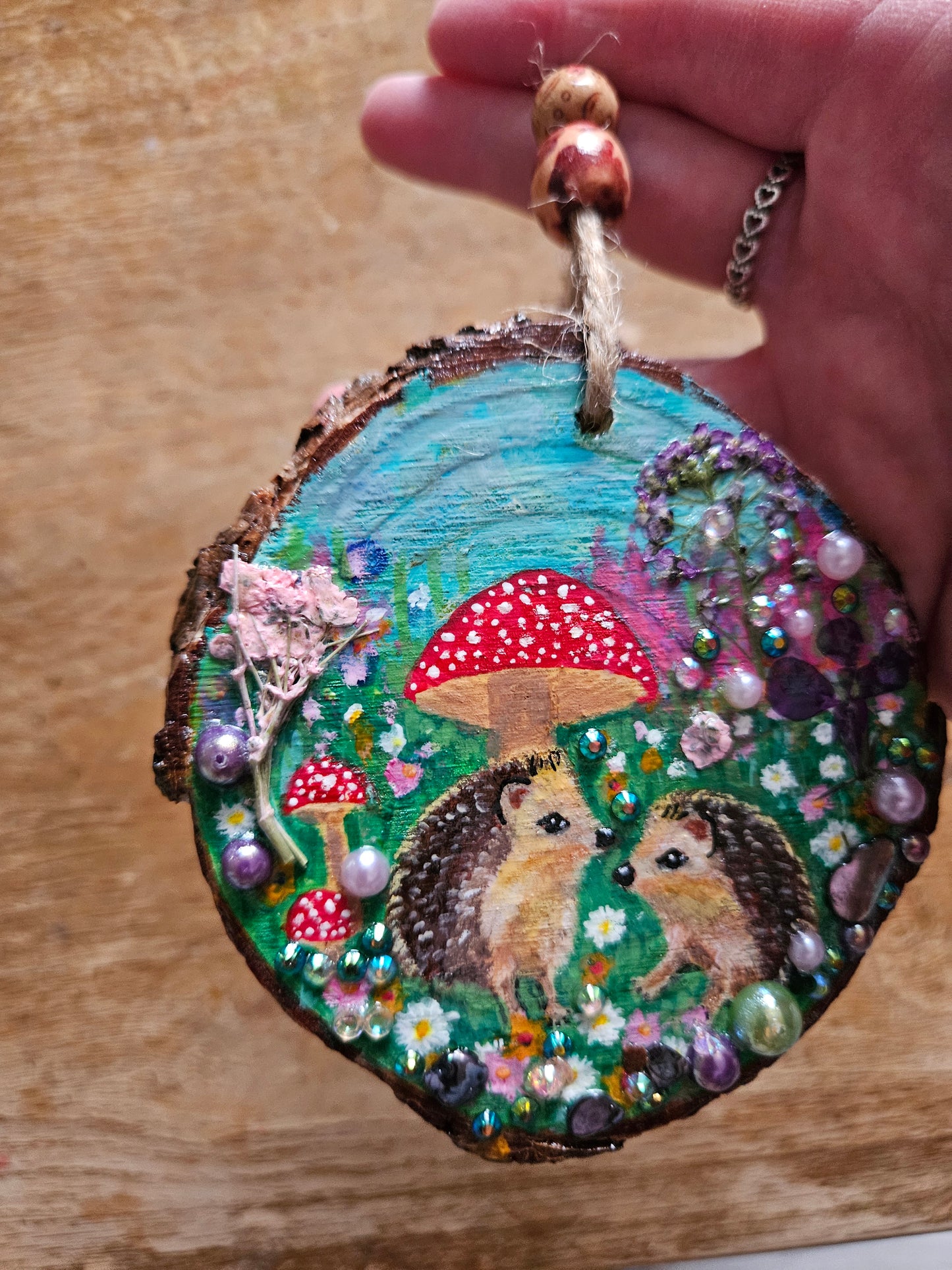 Hand painted cute pair of hedgehogs and mushrooms/whimsical handmade home decor/creations/wood slice painting for animal/nature lover