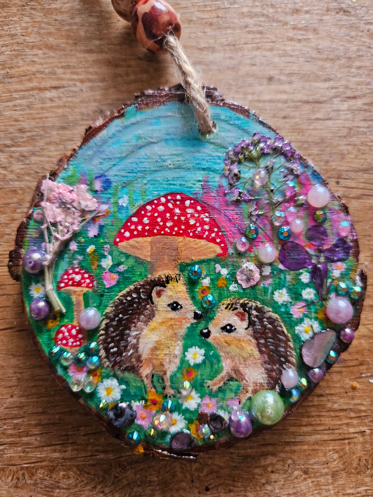 Hand painted cute pair of hedgehogs and mushrooms/whimsical handmade home decor/creations/wood slice painting for animal/nature lover