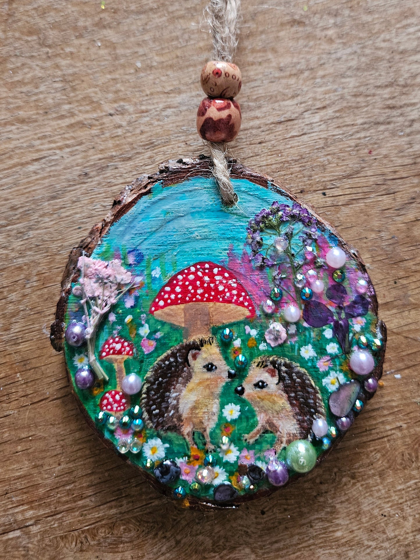 Hand painted cute pair of hedgehogs and mushrooms/whimsical handmade home decor/creations/wood slice painting for animal/nature lover