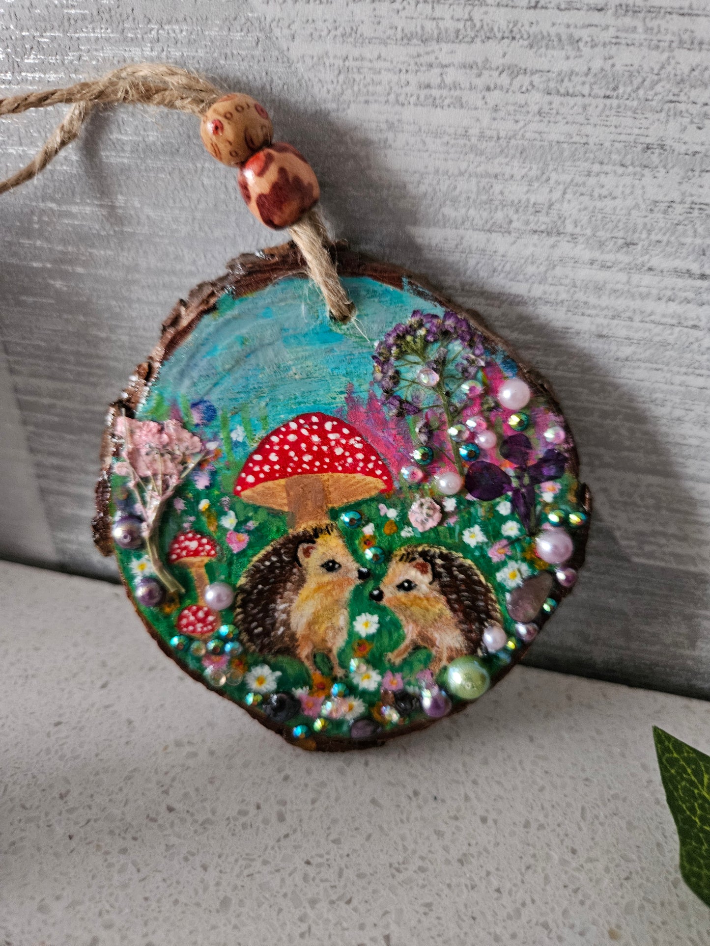 Hand painted cute pair of hedgehogs and mushrooms/whimsical handmade home decor/creations/wood slice painting for animal/nature lover