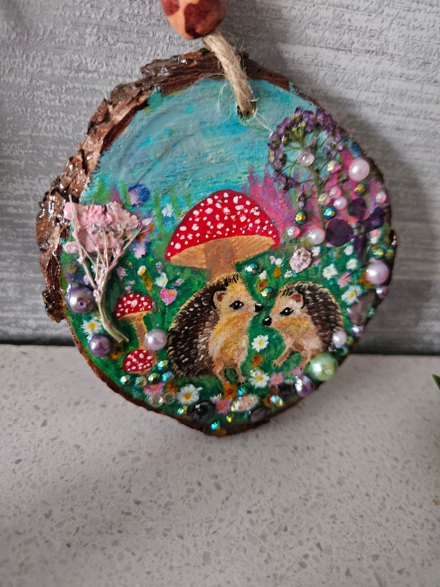 Hand painted cute pair of hedgehogs and mushrooms/whimsical handmade home decor/creations/wood slice painting for animal/nature lover