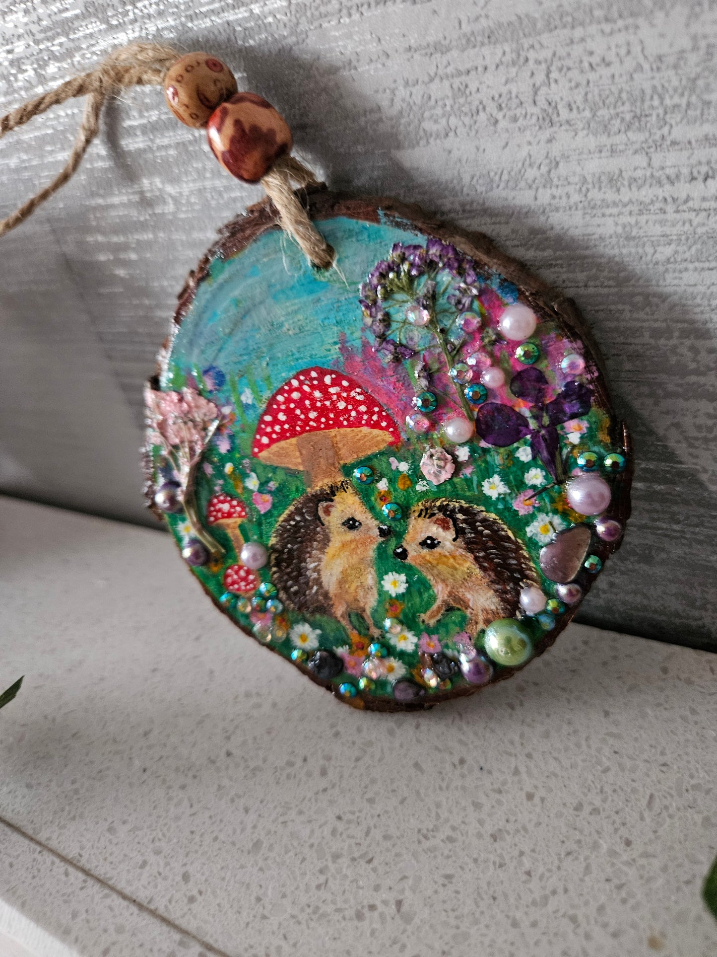 Hand painted cute pair of hedgehogs and mushrooms/whimsical handmade home decor/creations/wood slice painting for animal/nature lover