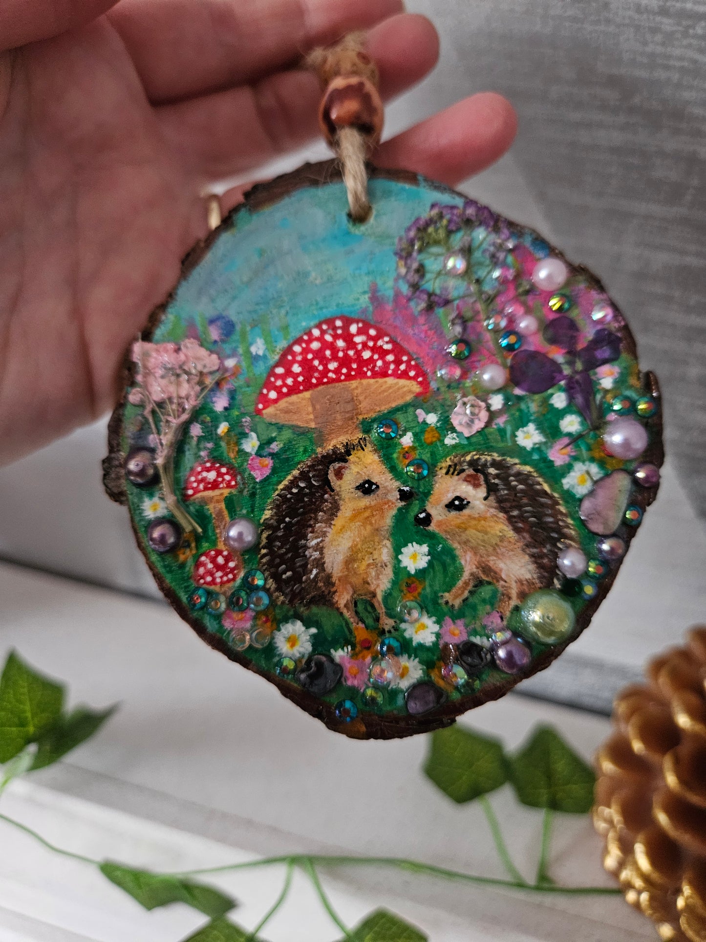Hand painted cute pair of hedgehogs and mushrooms/whimsical handmade home decor/creations/wood slice painting for animal/nature lover